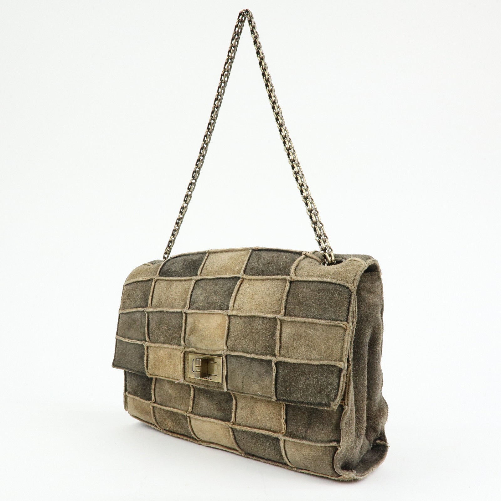 CHANEL Chanel 2.55 Suede Patchwork Chain Shoulder Bag Gray Brown