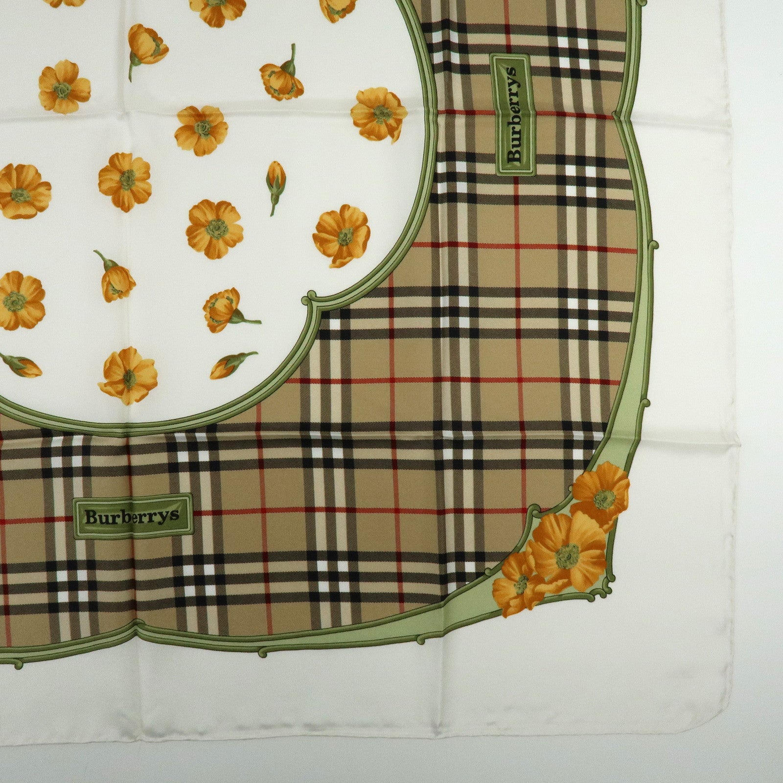 BURBERRY Nova Plaid Flower Motif Silk 100% Scarf Beige White Orange
