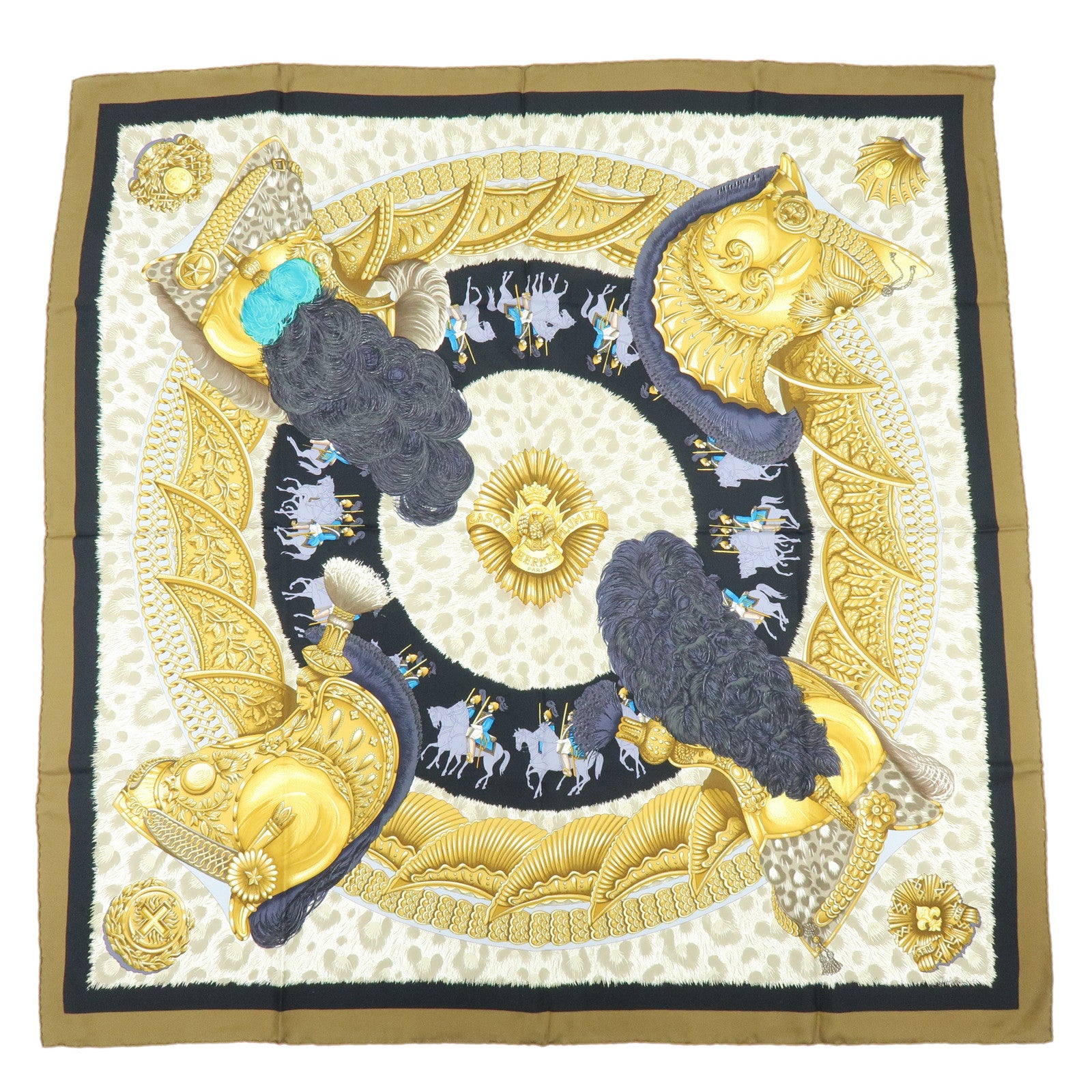 HERMES Carre 90 Silk 100% Scarf CASQUES et PLUMETS Black Brown