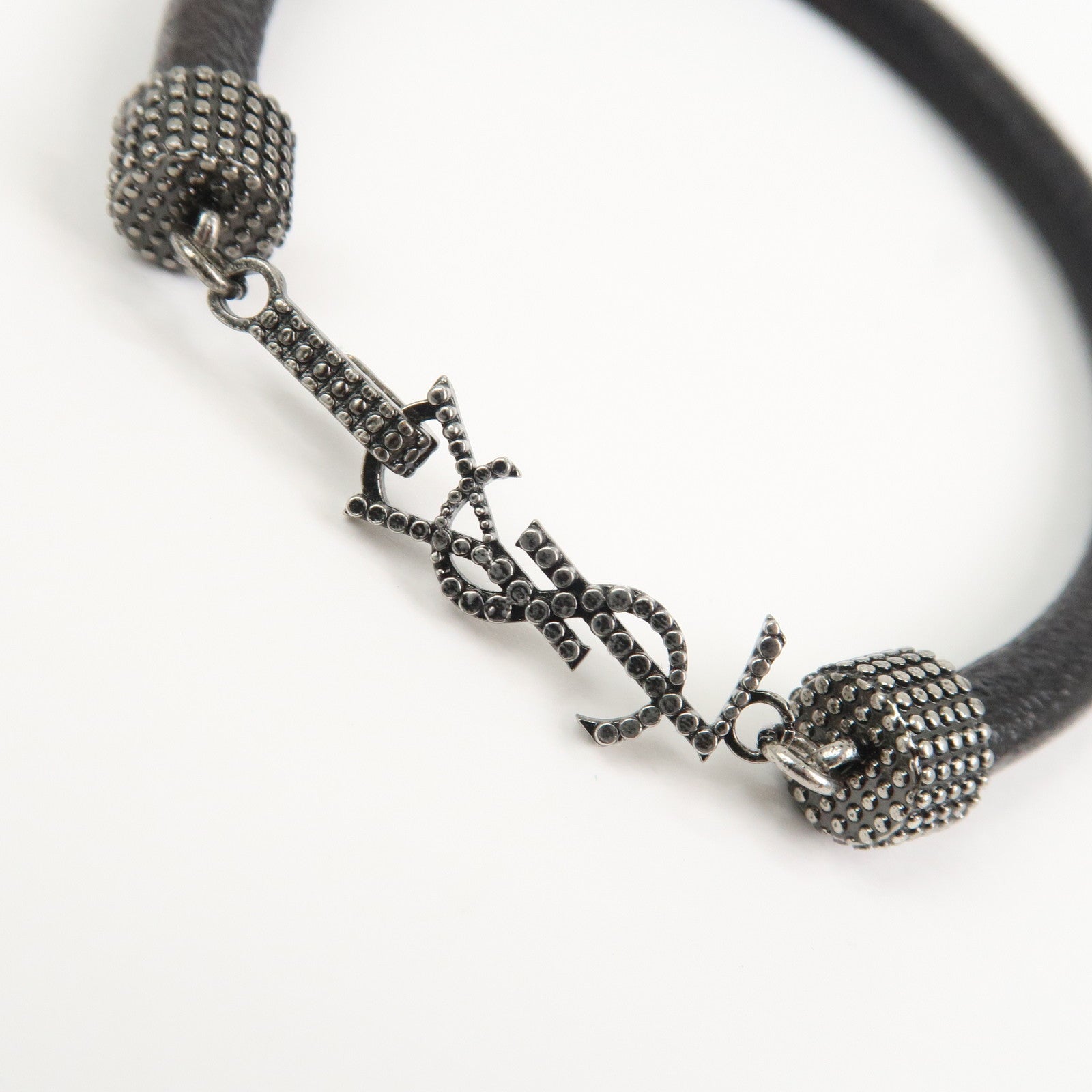 SAINT LAURENT Cassandre Logo Leather Metal Bracelet Black
