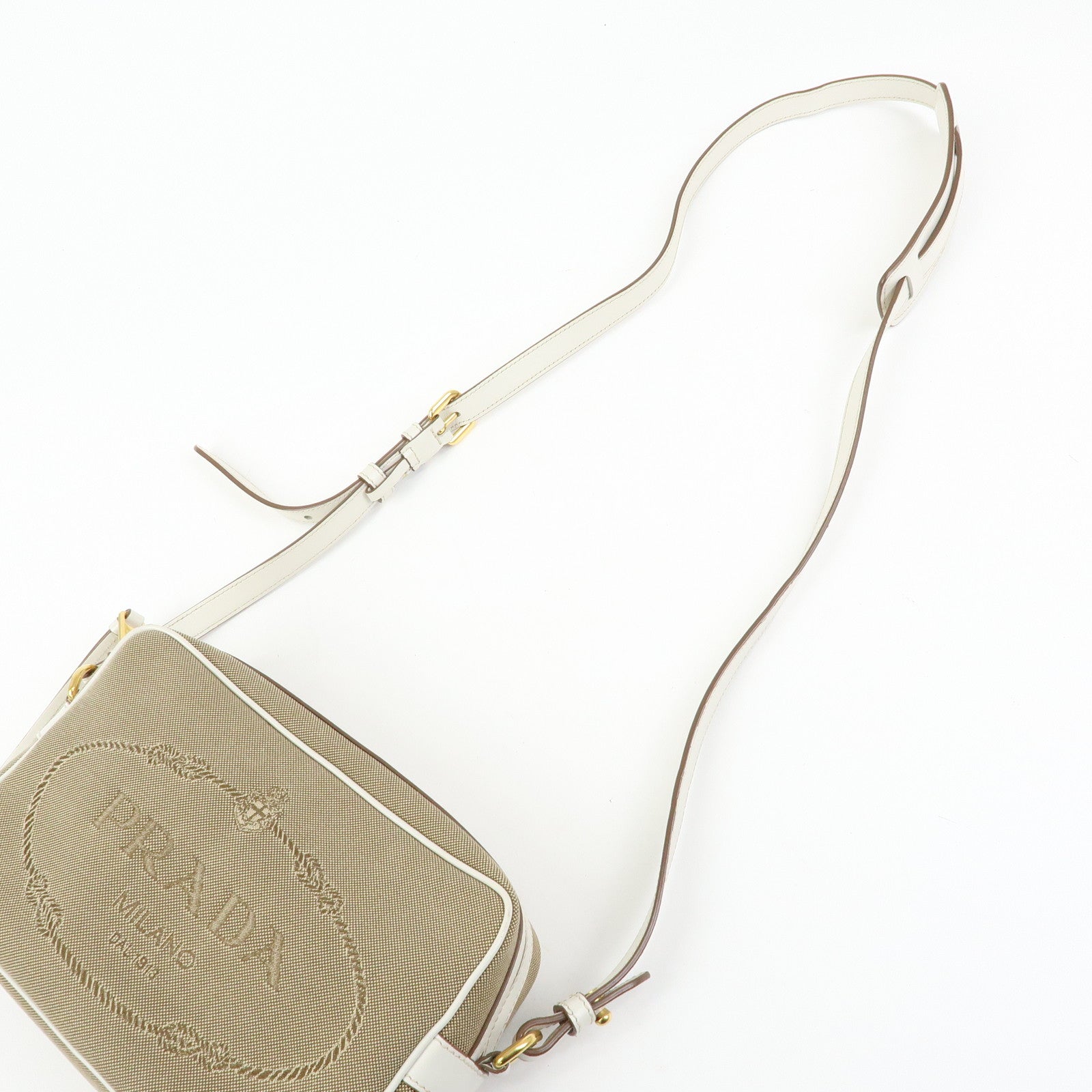 PRADA Logo Jacquard Leather Shoulder Bag Beige White 1BH089