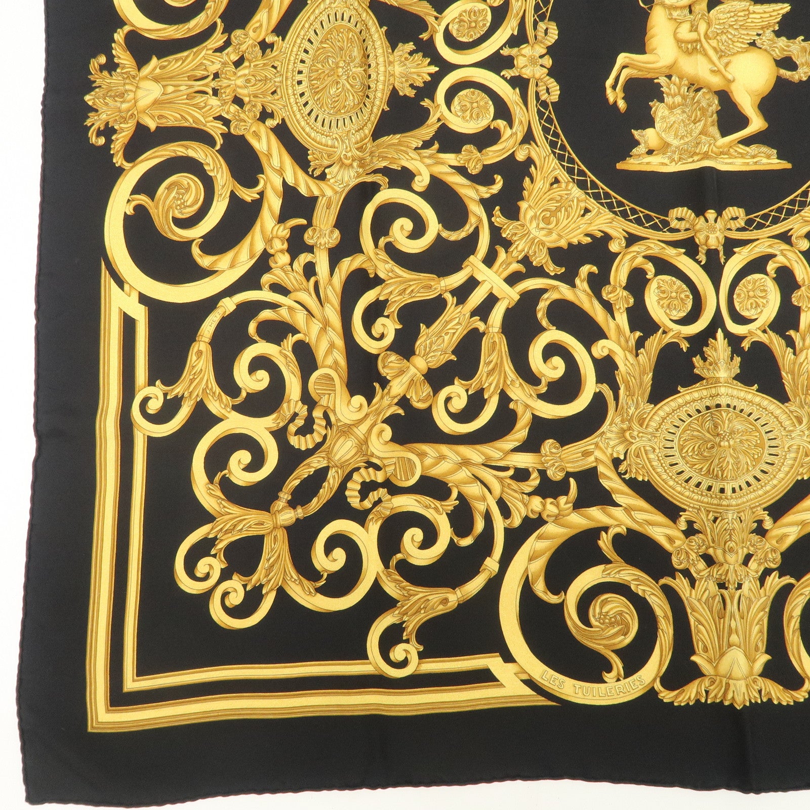 HERMES Carre 90 Silk 100% LES TUILERIES Scarf Black Gold