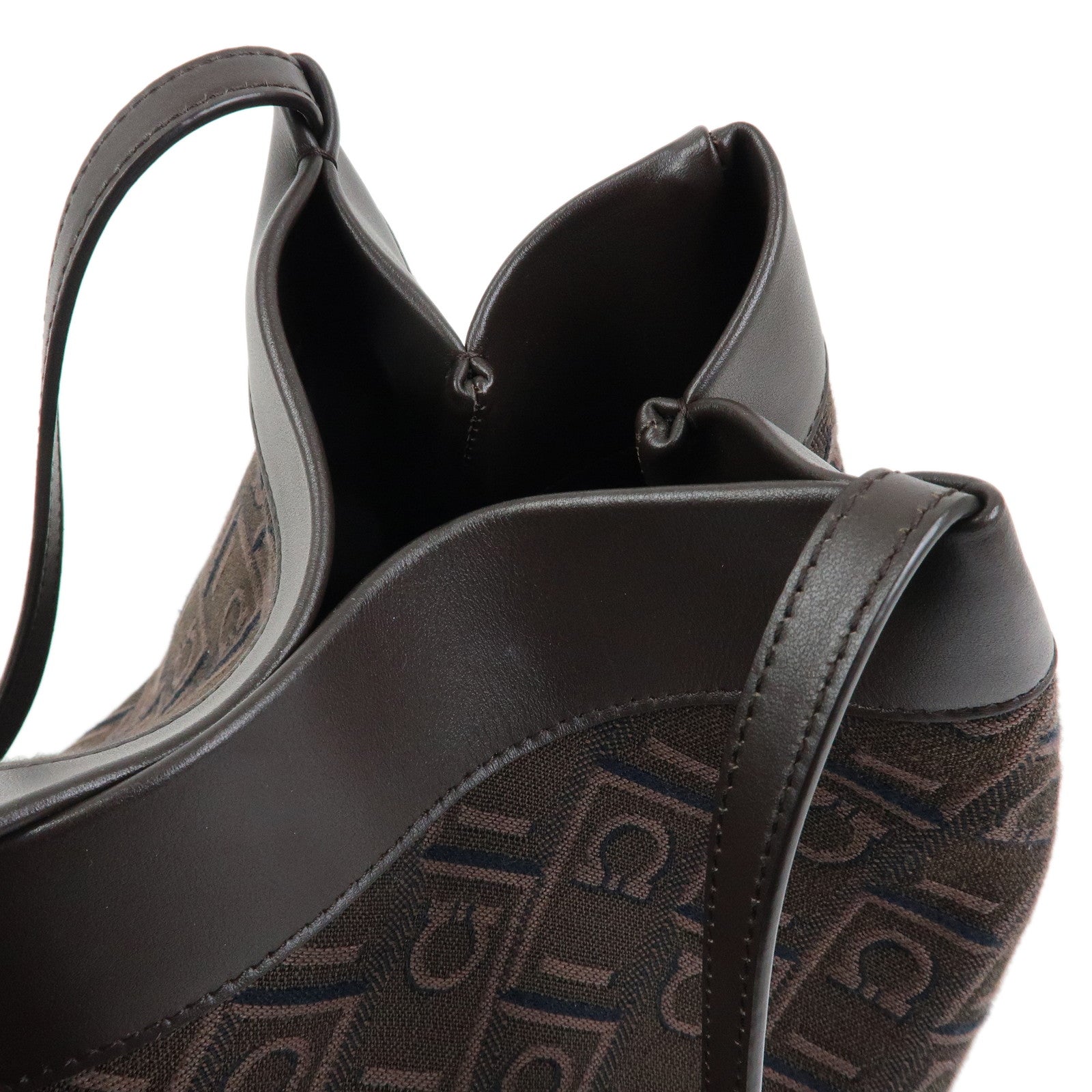 Ferragamo Gancini Canvas Leather Shoulder Bag Hand Bag Dark Brown