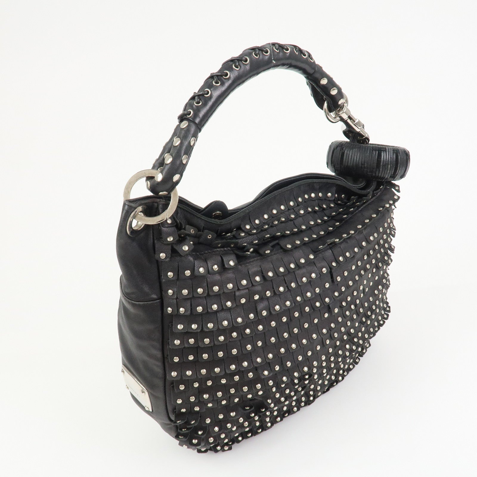 JIMMY CHOO Leather Studs Sky Bag Shoulder Bag Hand Bag Black Silver