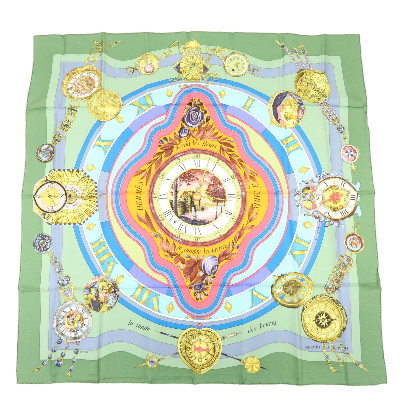 HERMES Carre 90 Silk 100% Scarf la ronde des heures Green Gray Pink