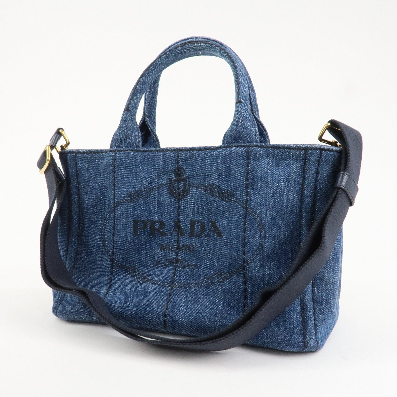 PRADA Canapa Mini Canvas Denim 2Way Shoulder Hand Bag Navy B2439G Used