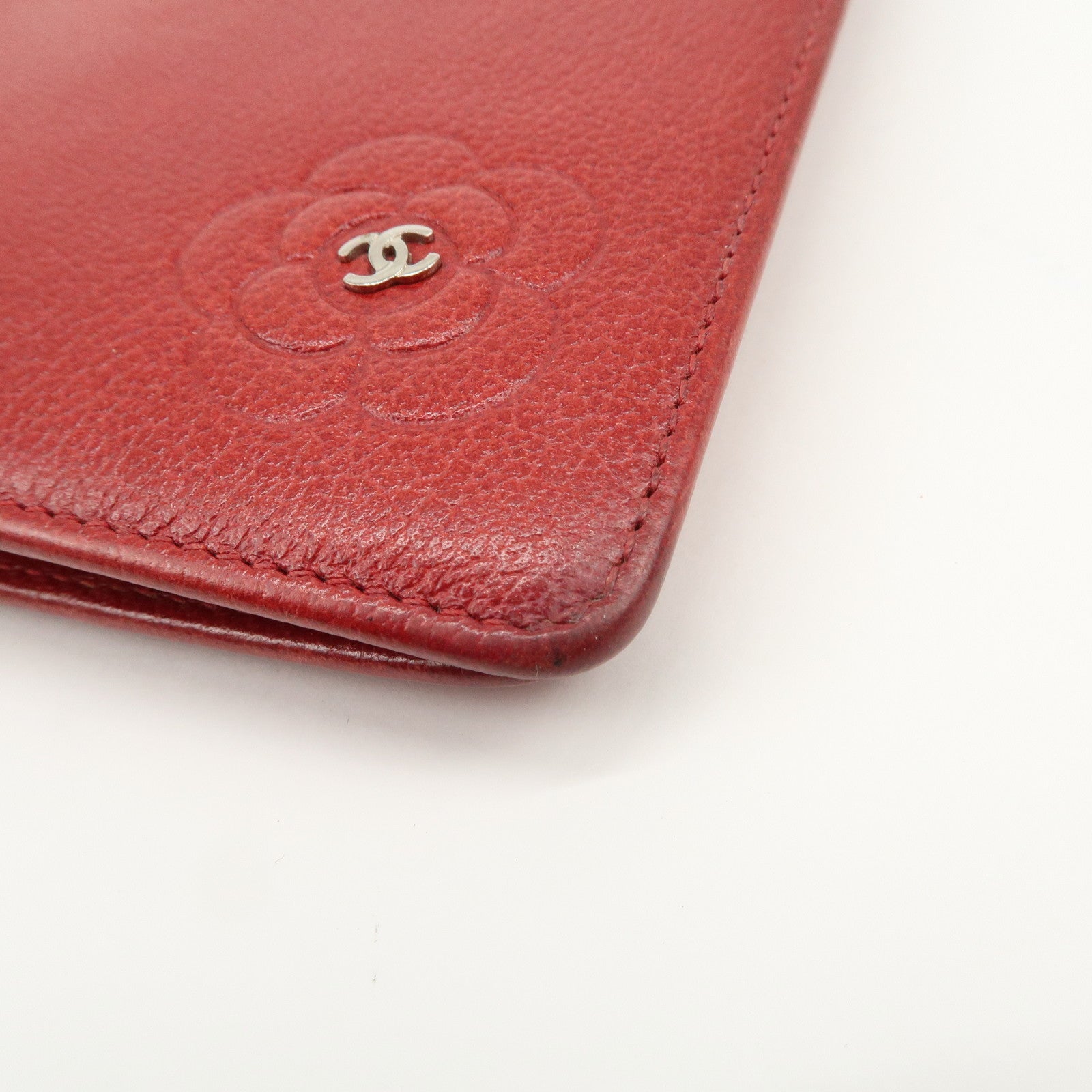 CHANEL COCO Mark Camellia Logo Leather Flap Long Wallet Red