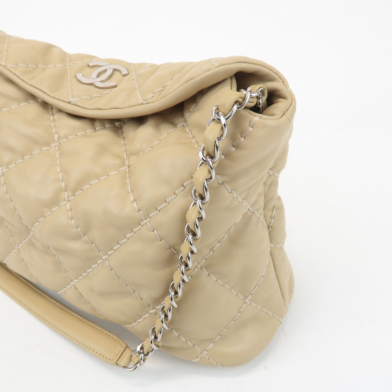 CHANEL Wild Stitch Lamb Skin Chain Shoulder Bag Hand Bag Beige Used
