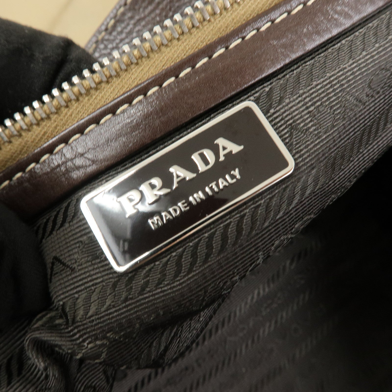 PRADA Triangle Logo Leather Nylon Shoulder Bag Brown BR2418