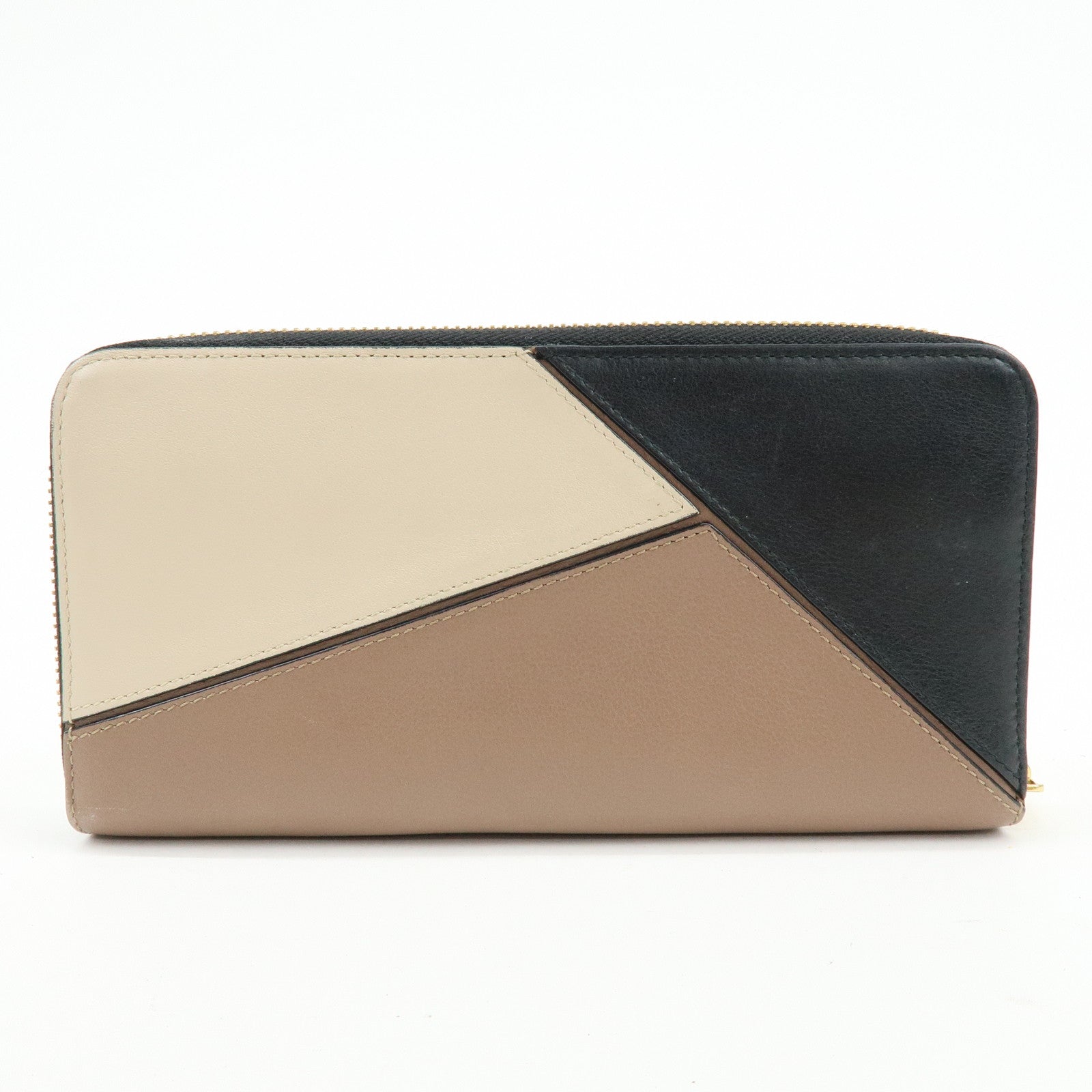 LOEWE Puzzle Calfskin Zippy Long Wallet Brown Beige Black