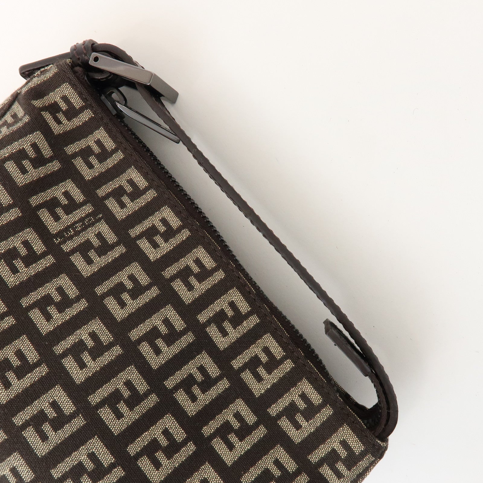 FENDI Zucchino Canvas Leather Hand Bag Pouch Bag Brown 8N00001