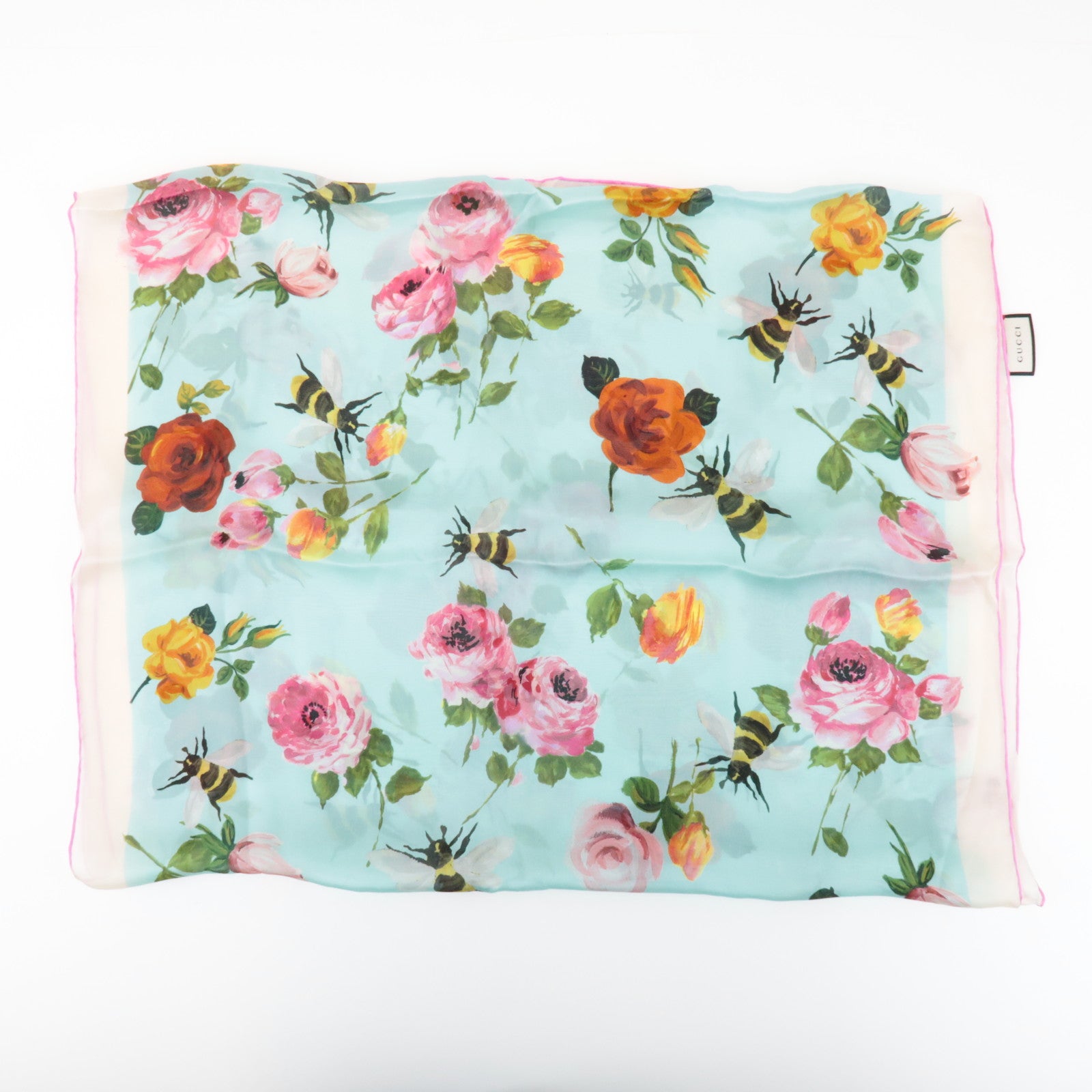 GUCCI Silk 100% 64 ×192 Floral Honey Bee Print Scarf Blue
