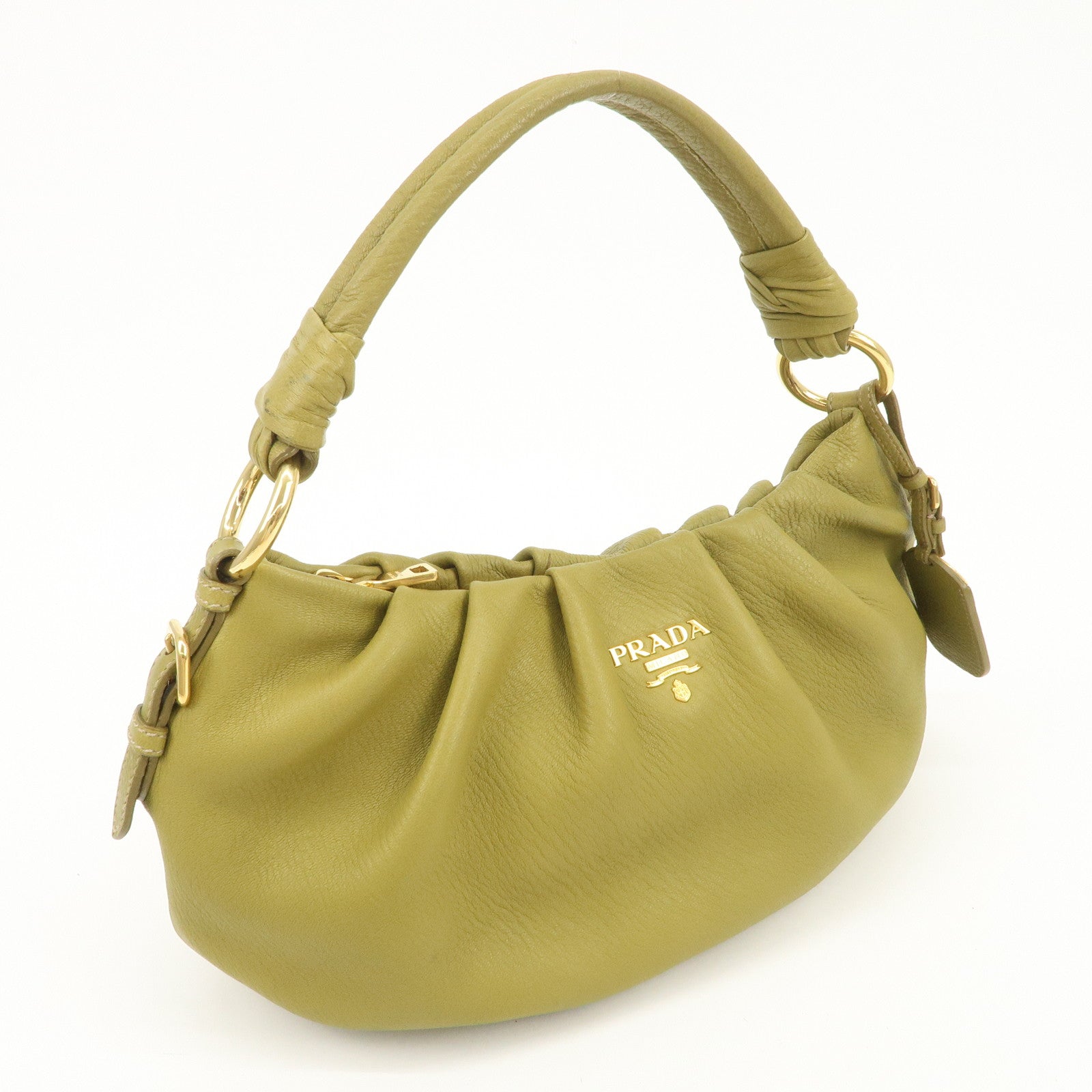 PRADA Logo Leather Shoulder Bag Hand Bag Khaki Gold HDW BR4070