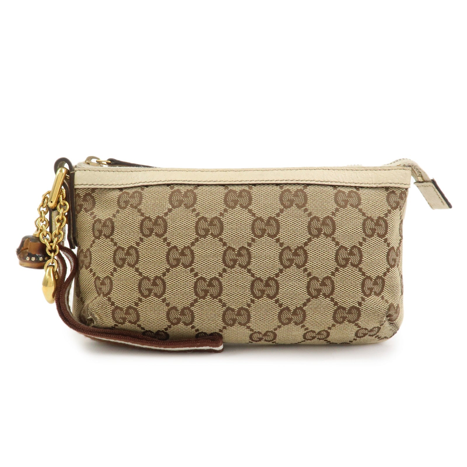 GUCCI Bamboo GG Canvas Leather Cosmetic Pouch Clutch Beige 159913