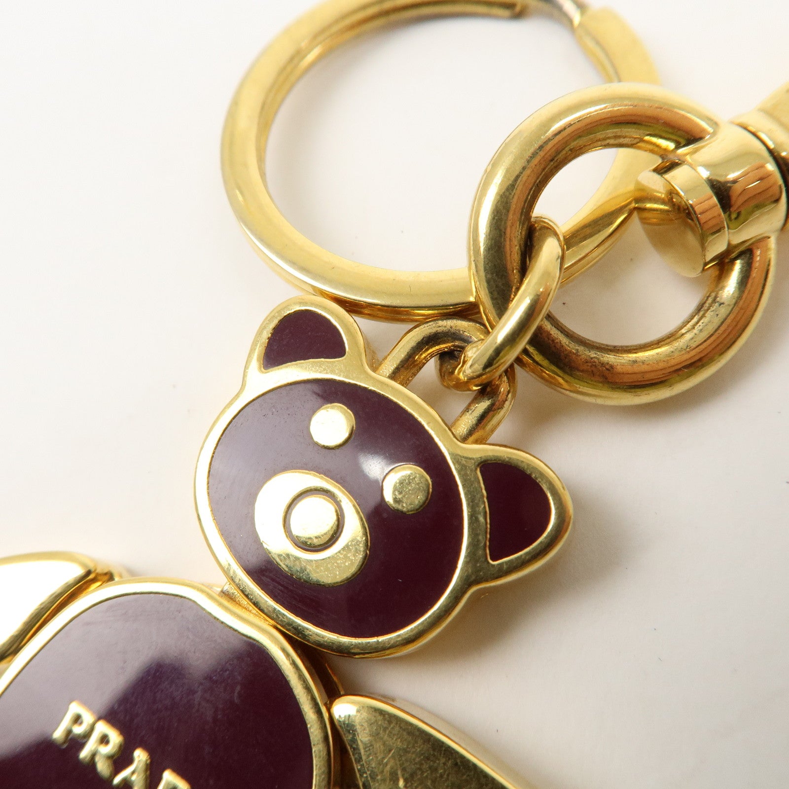 PRADA Bear Motif Bag Charm Key Chain Burgundy Gold Used