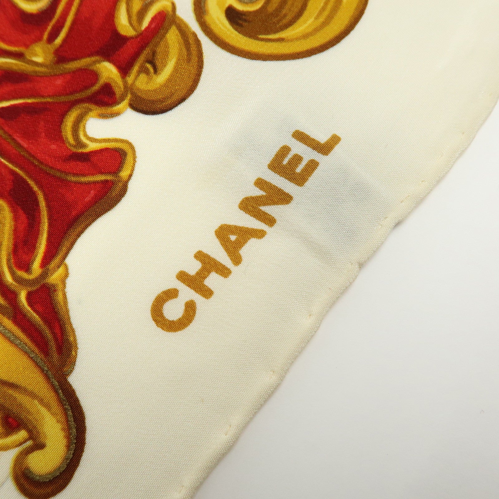 CHANEL Silk 100% Scarf Pearl Flower Motif Gold Red Ivory