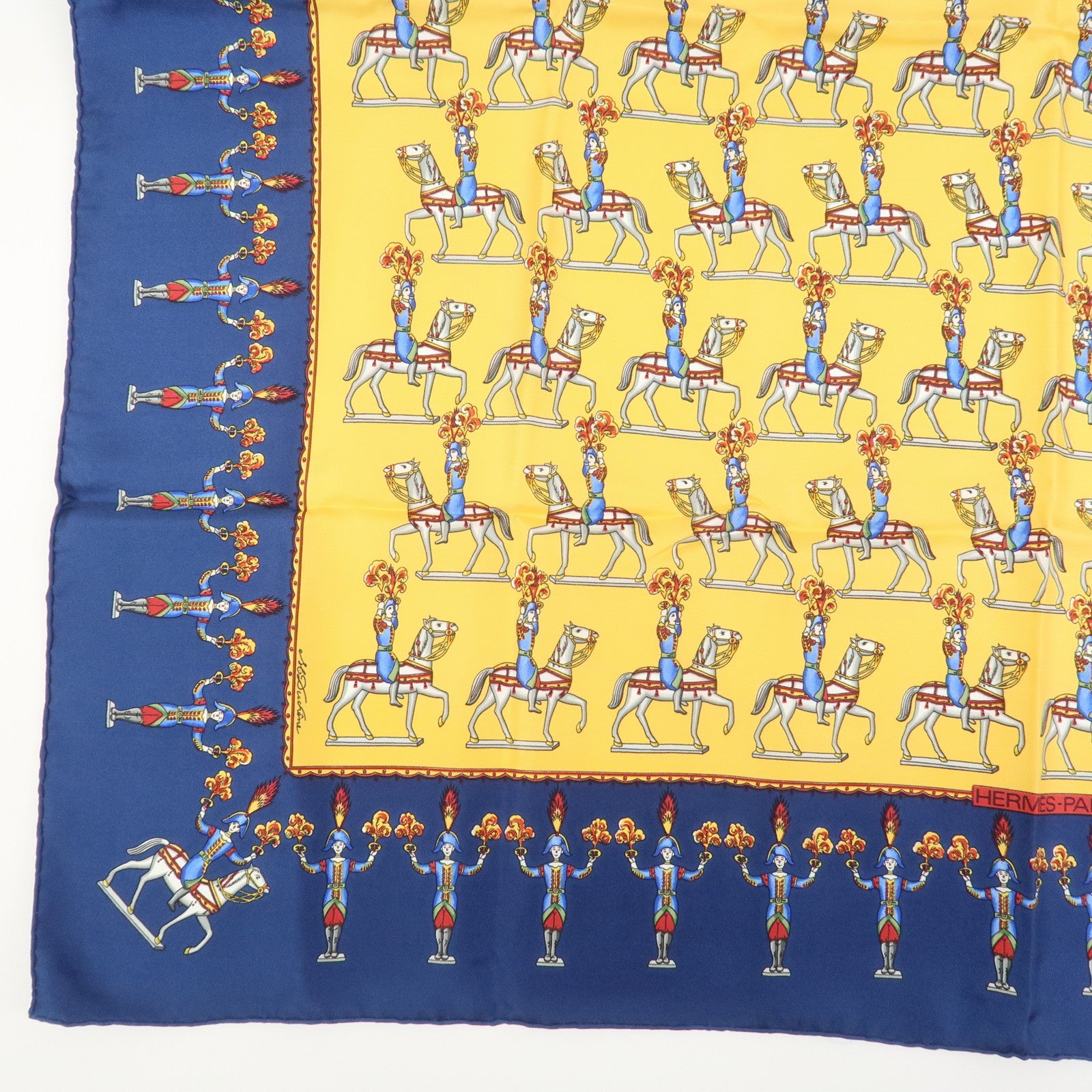 HERMES Carre 90 Silk 100% Scarf Les Artificiers Navy Yellow