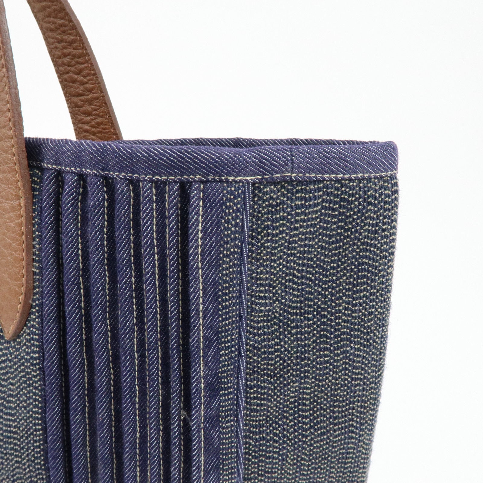 HERMES Calicut Canvas Leather Tote Bag L Stamped Navy Brown
