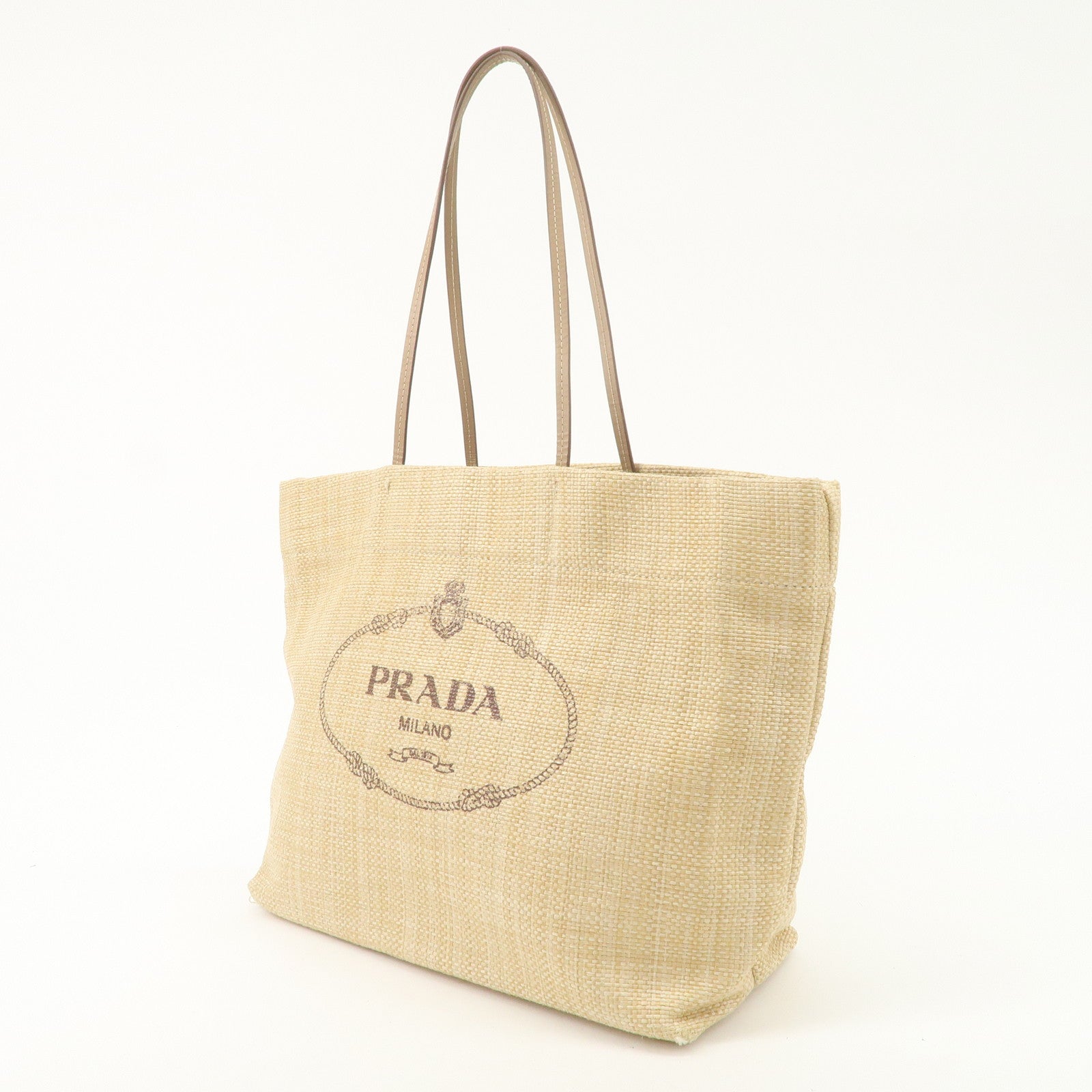 PRADA Leather Raffia Straw Tote Bag Shoulder Bag Beige Used