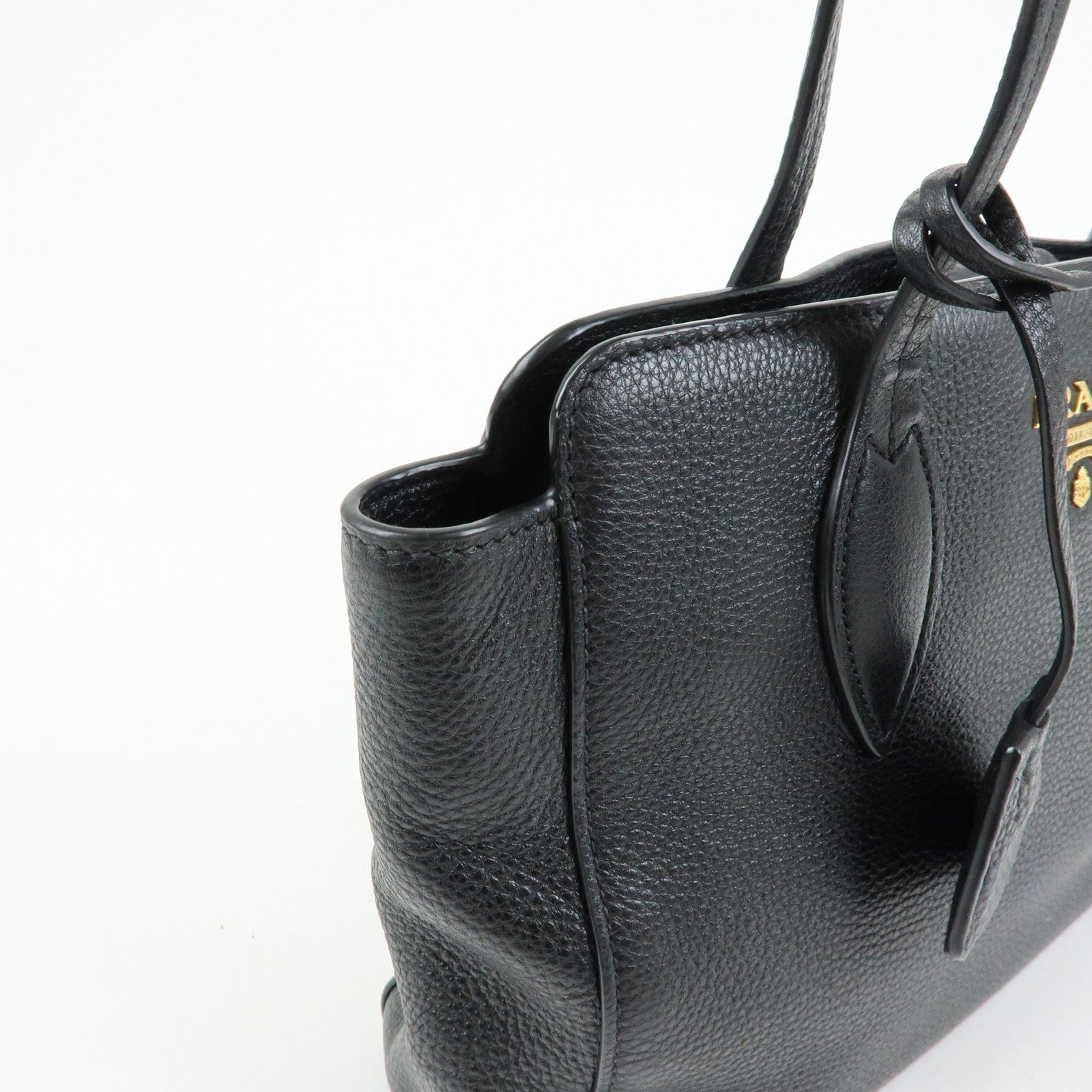 PRADA Logo Grain Calf Leather Tote Bag Shoulder Bag Black 1BG112