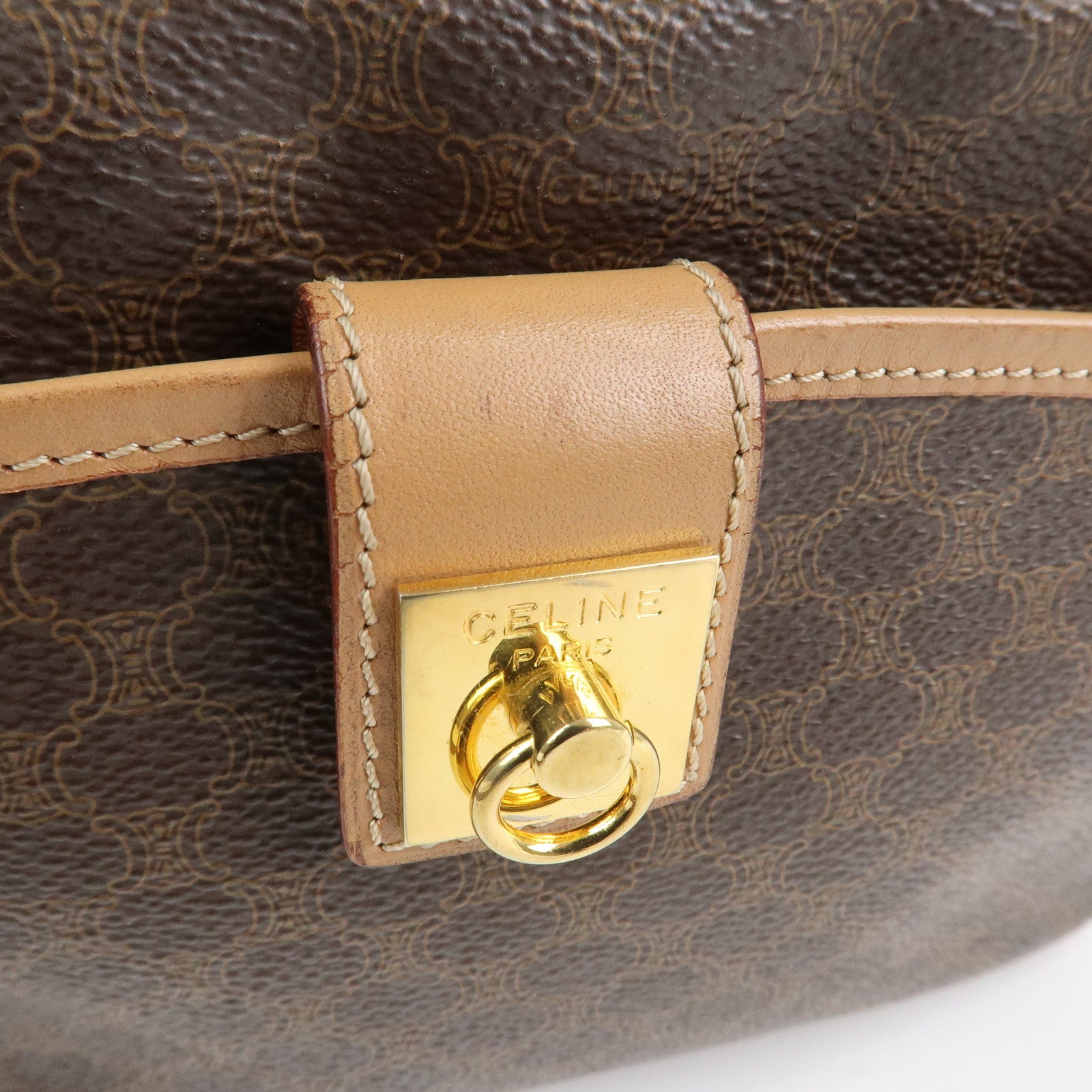 CELINE Macadam Leather Shoulder Bag Beige Brown Gold Hardware