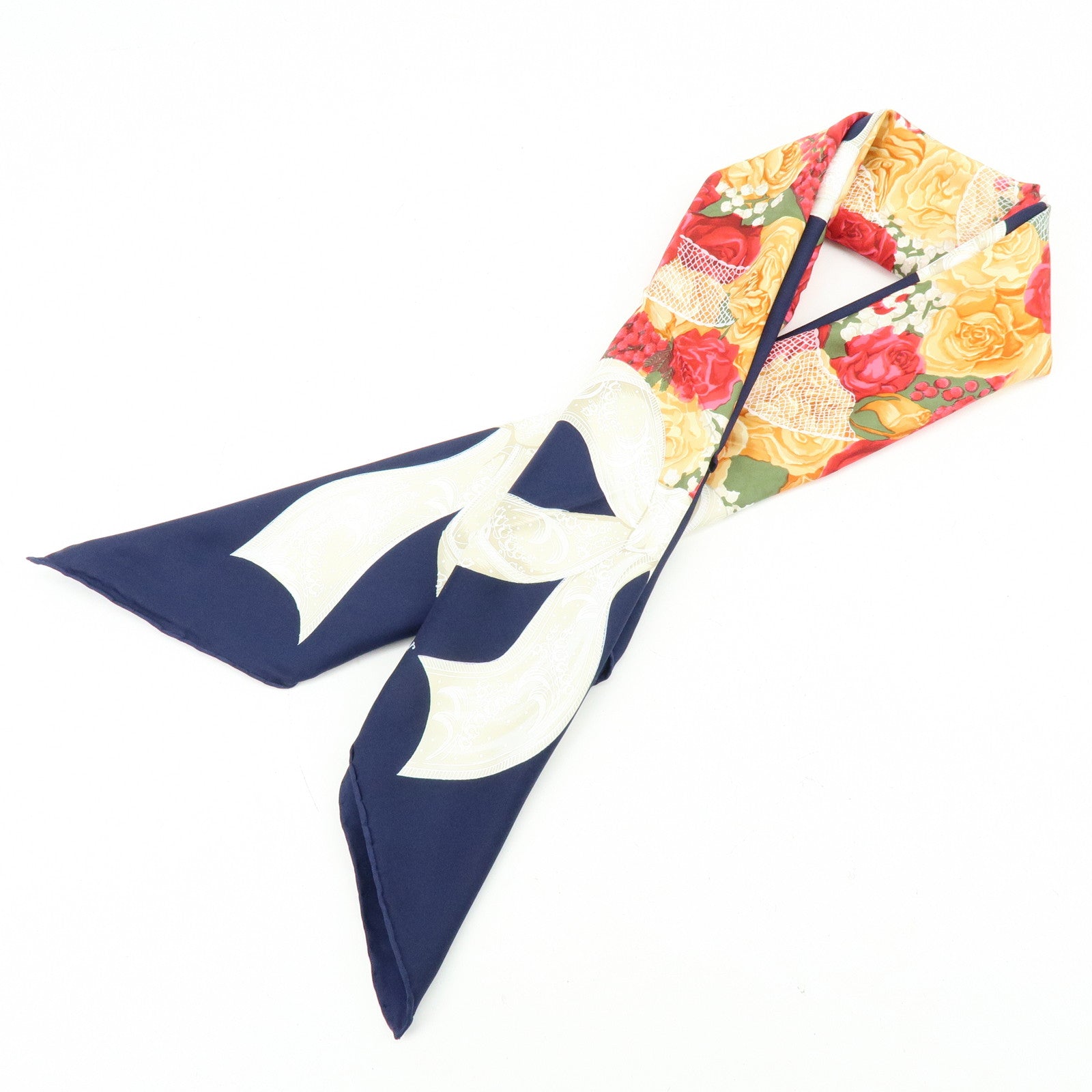 Christian Dior Silk 100% Scarf Flowers Motif Navy Red Orange