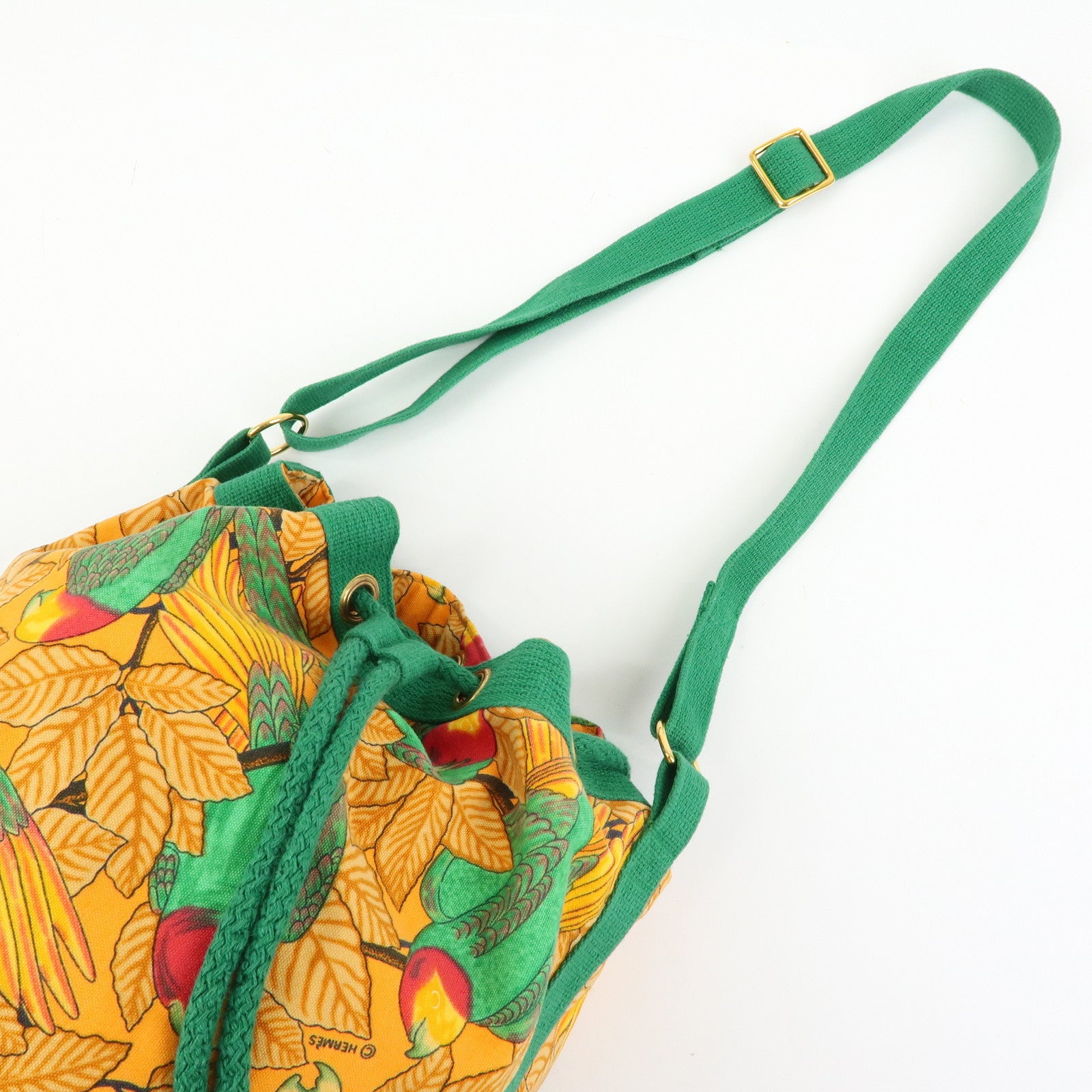 HERMES Canvas Drawstring Shoulder Bag Crossbody Bag Orange Green