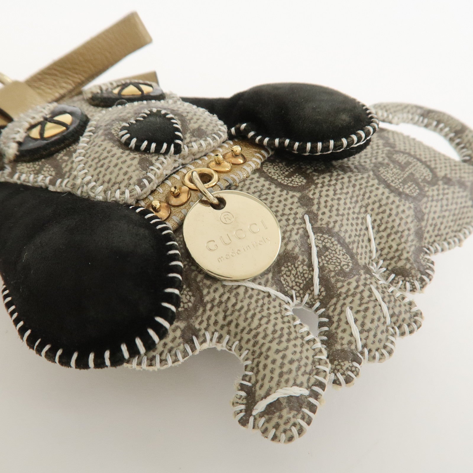 GUCCI GG Plus Suede Leather Bag Charm Key Chain Beige Black 206078
