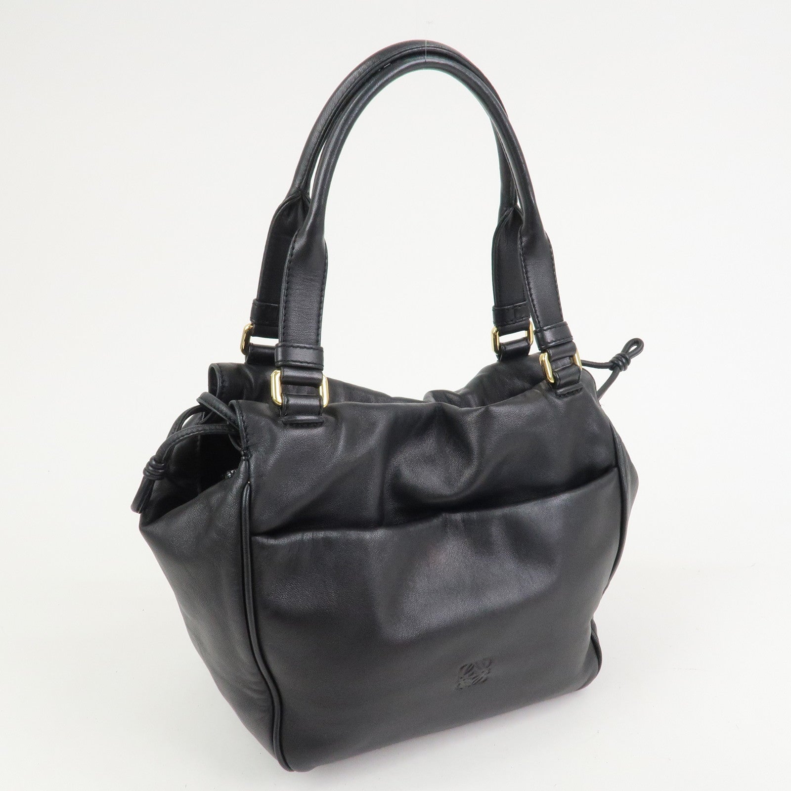LOEWE Anagram Nappa Leather Hand Bag Drawstring Bag Black