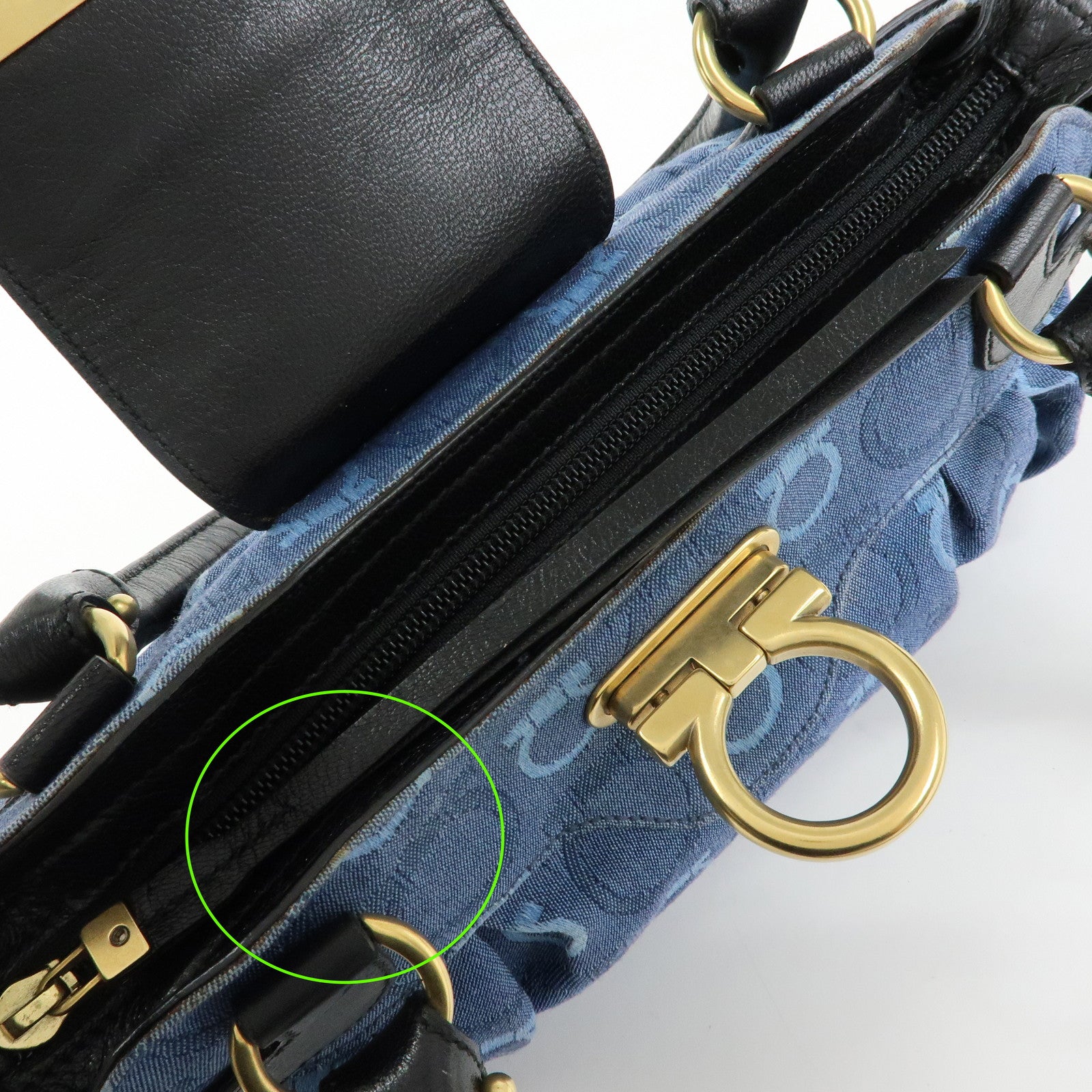 Ferragamo Gancini Canvas Leather Hand Bag Shoulder Bag Blue Black