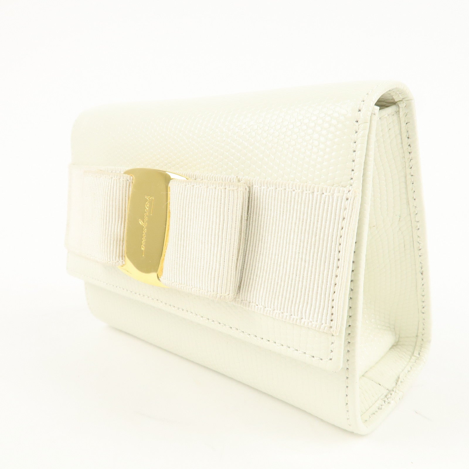 Ferragamo Vara Ribbon Leather Nylon Chain 2Way Shoulder Bag White Used