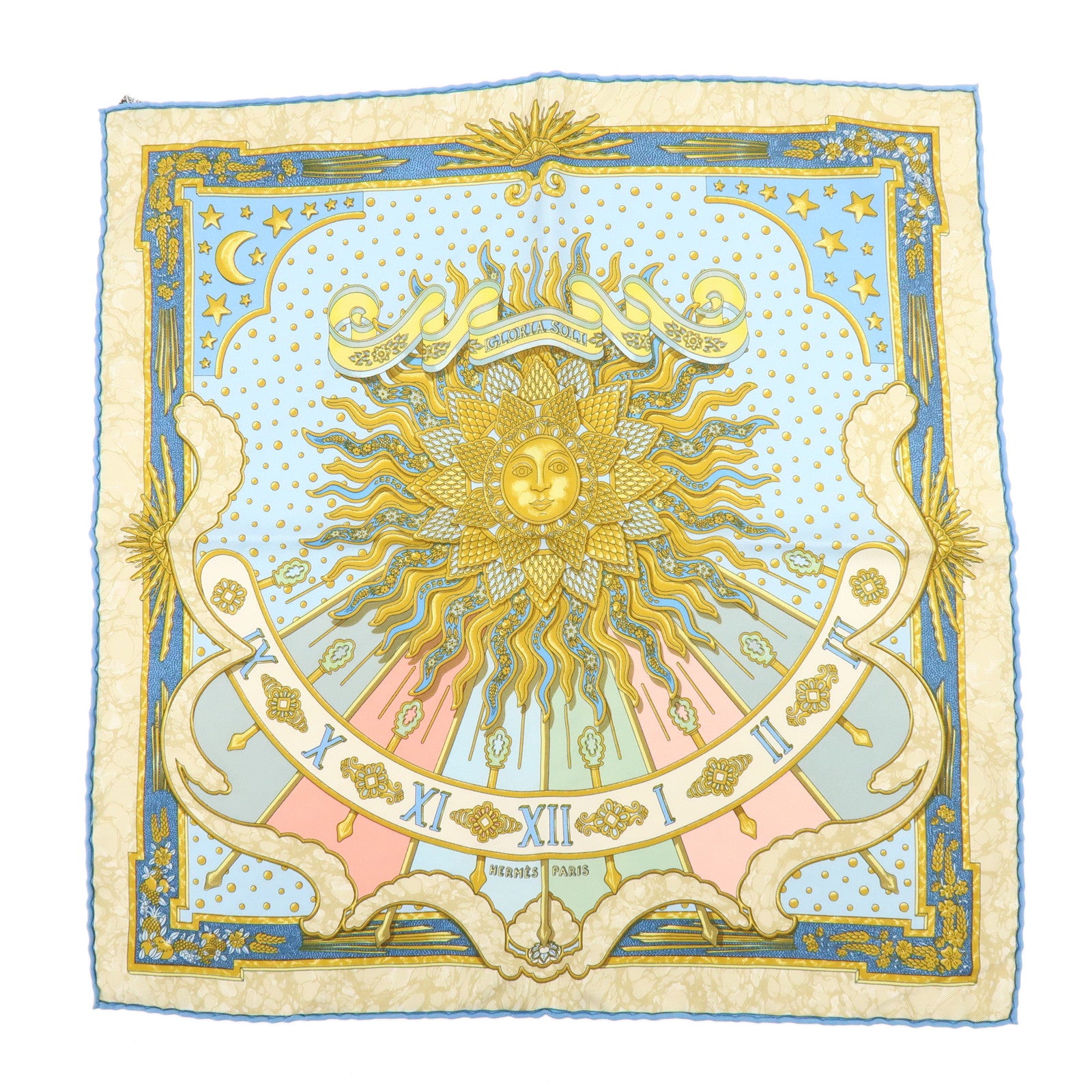 HERMES Carre 40 Silk 100% GLORIA SOLI Scarf Light Blue Gold