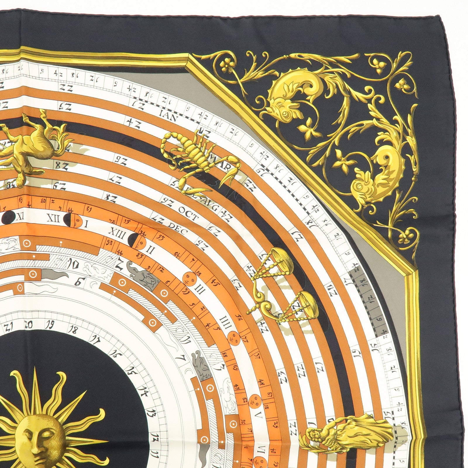 HERMES Carre 90 Silk 100% Scarf DIES ET HORE Black Gold White