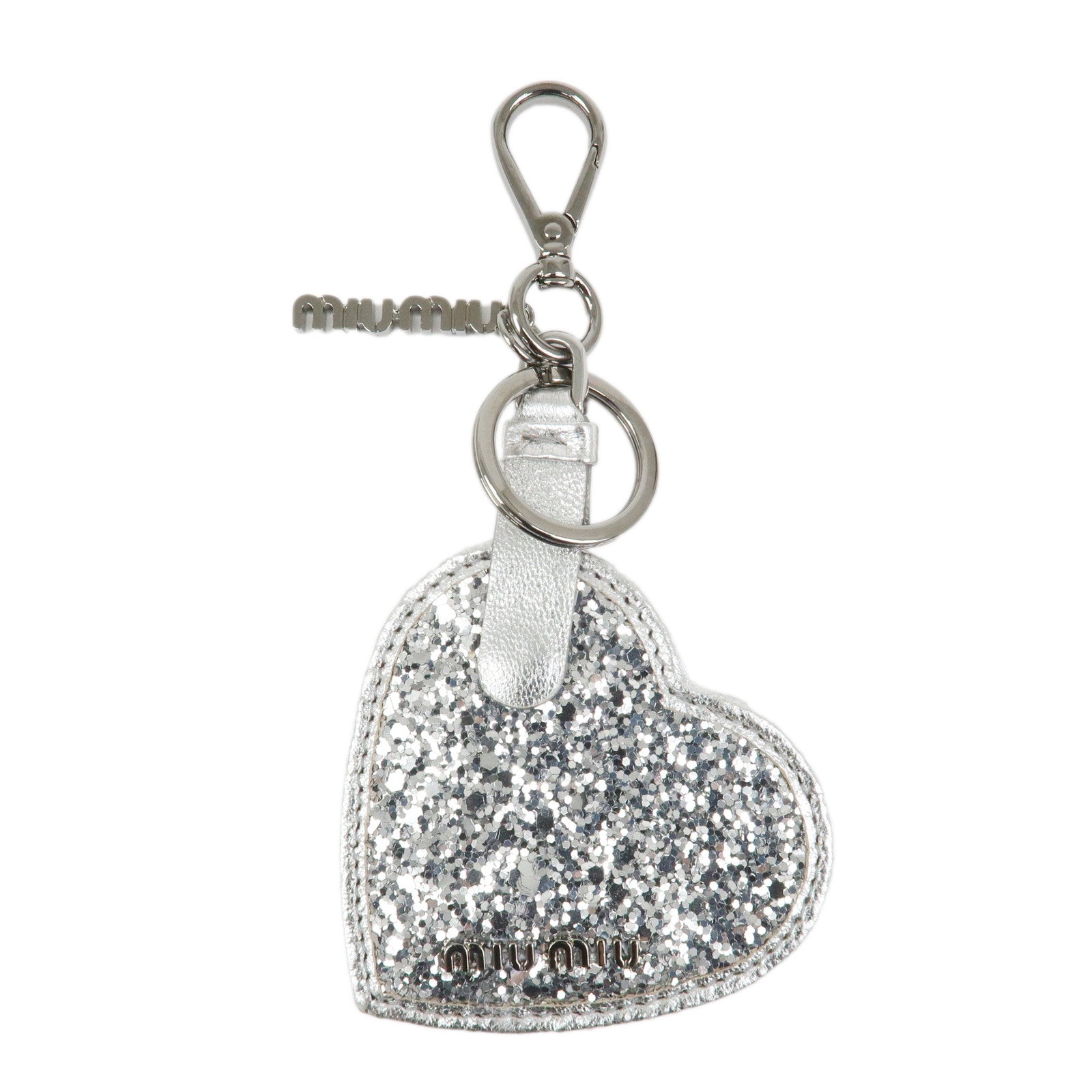 MIU MIU Heart Motif Glitter Leather Key Chain Bag Charm Silver
