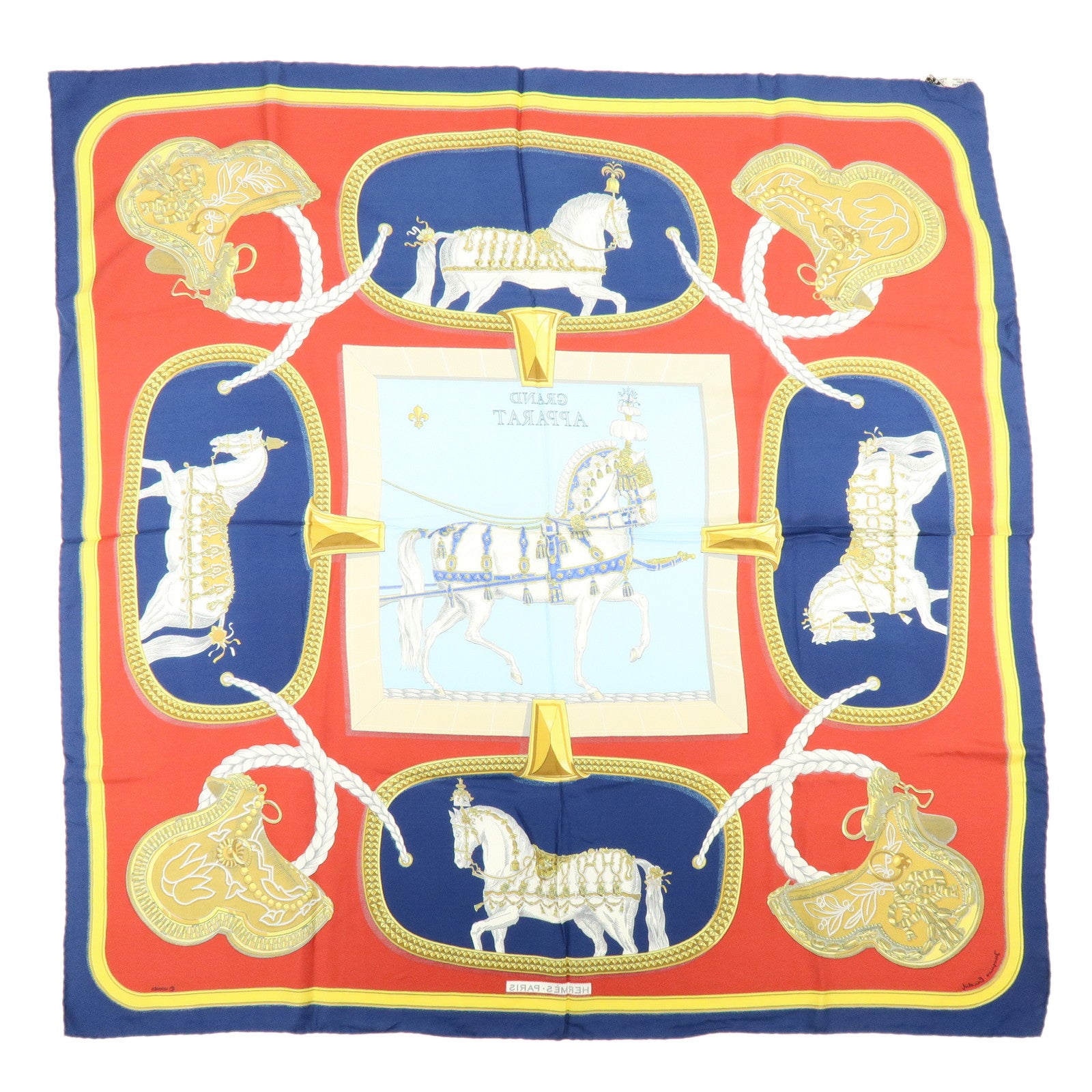 HERMES Carre 90 Silk 100% Scarf GRAND APPARAT Navy Multi Color