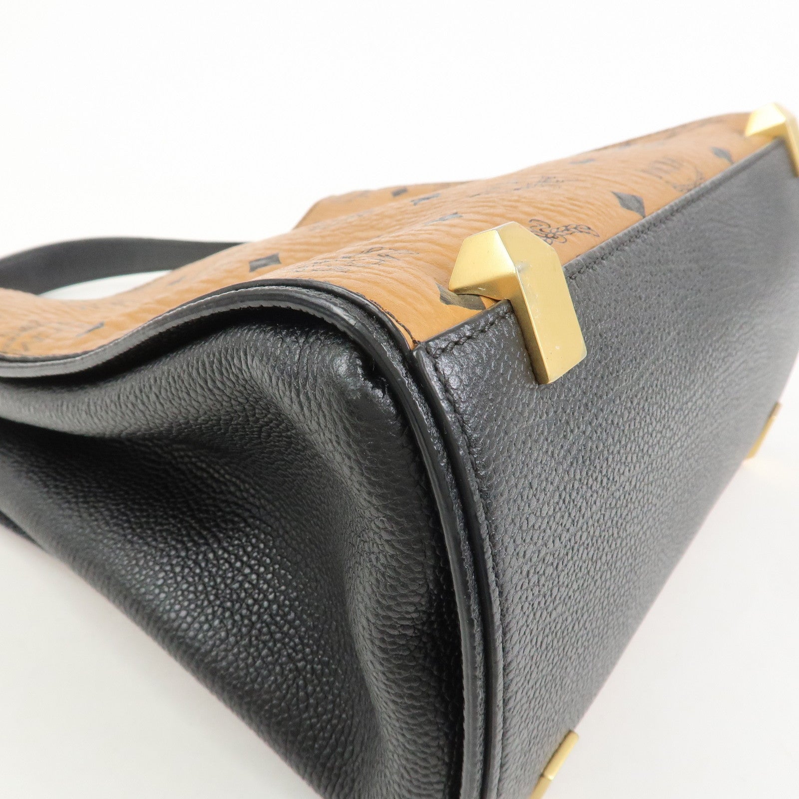 MCM Leather 2Way Bag Hand Bag Shoulder Bag Camel Black