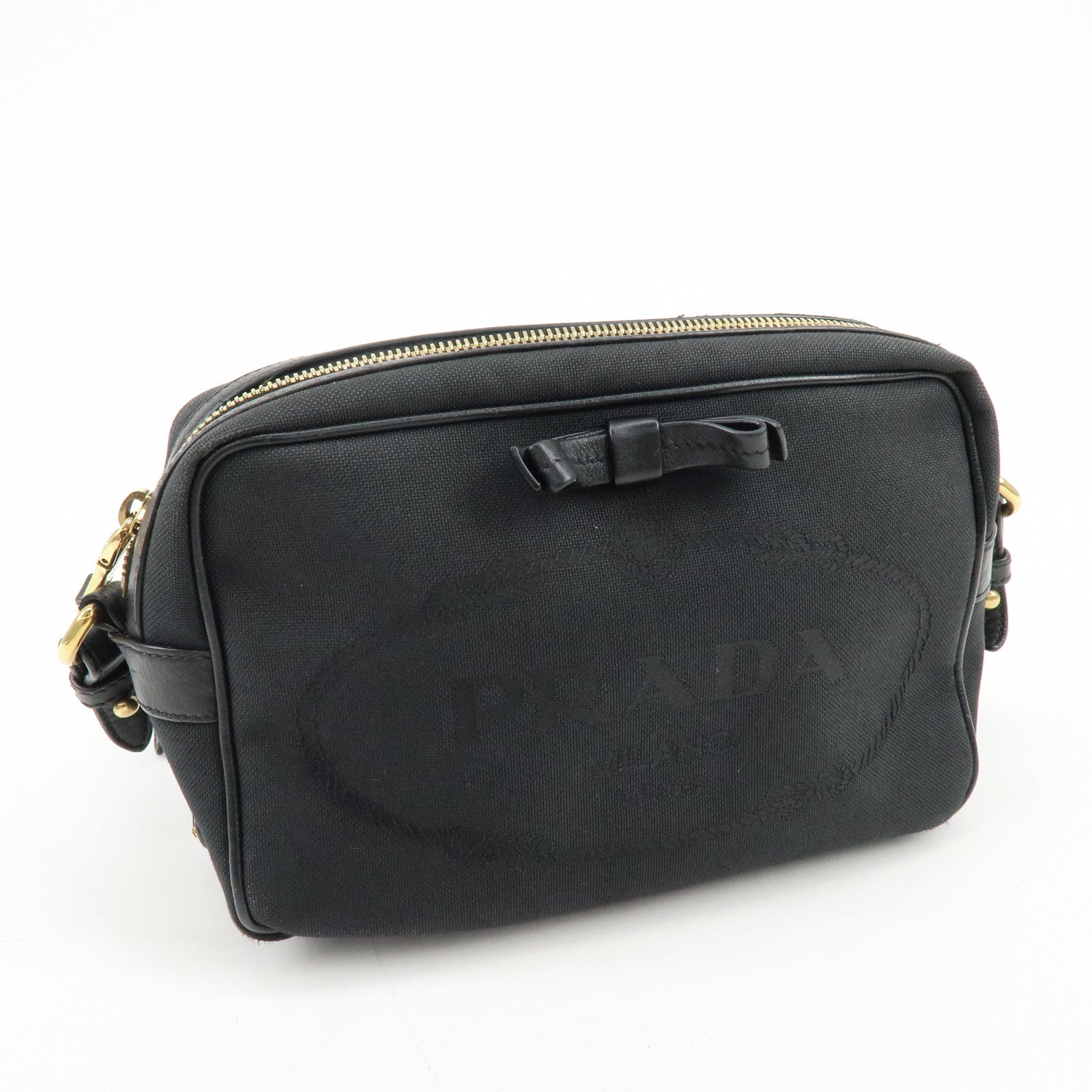 PRADA Triangle Logo Jacquard Leather Shoulder Bag Black 1BH089