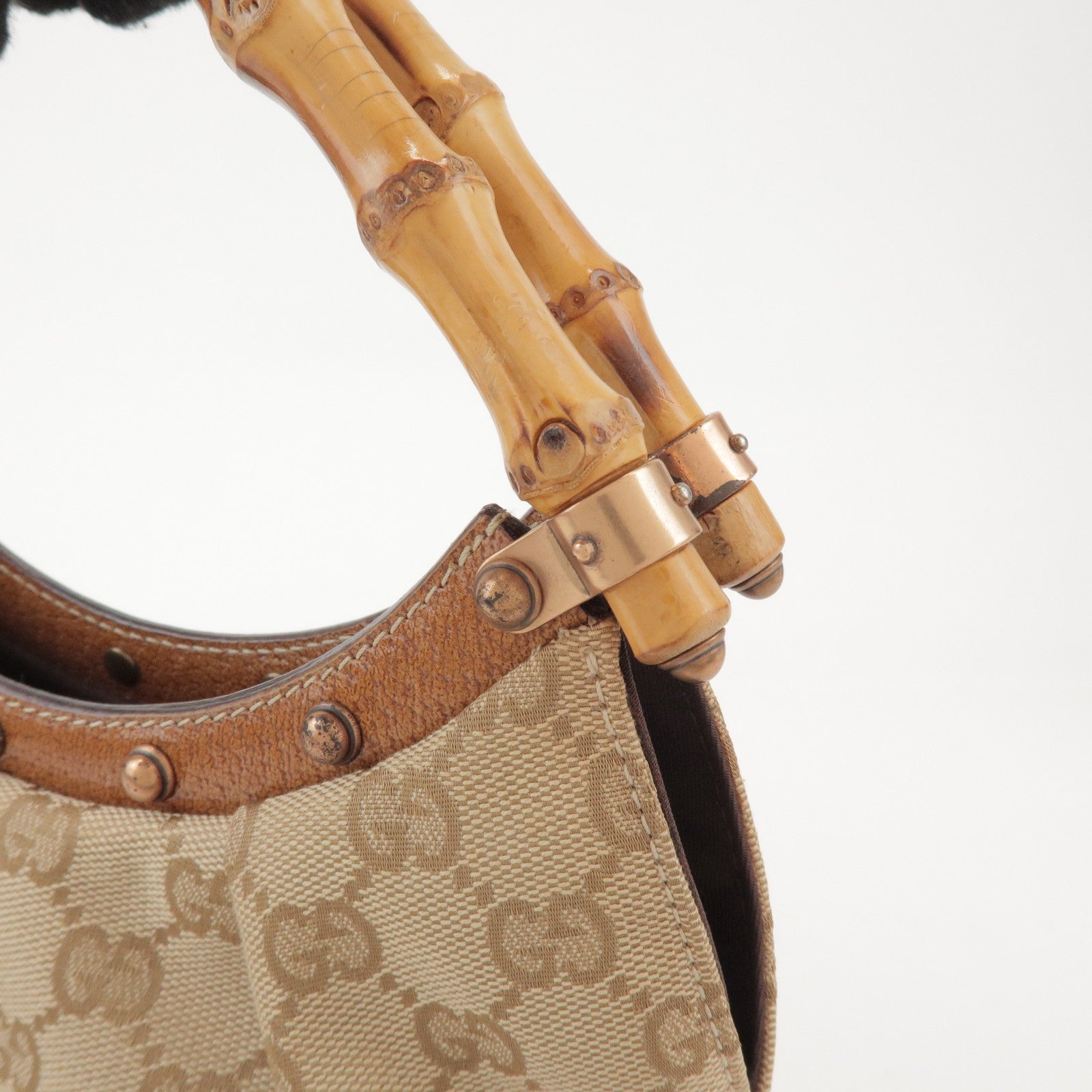 GUCCI Bamboo GG Canvas Leather Hand Bag Beige 124297