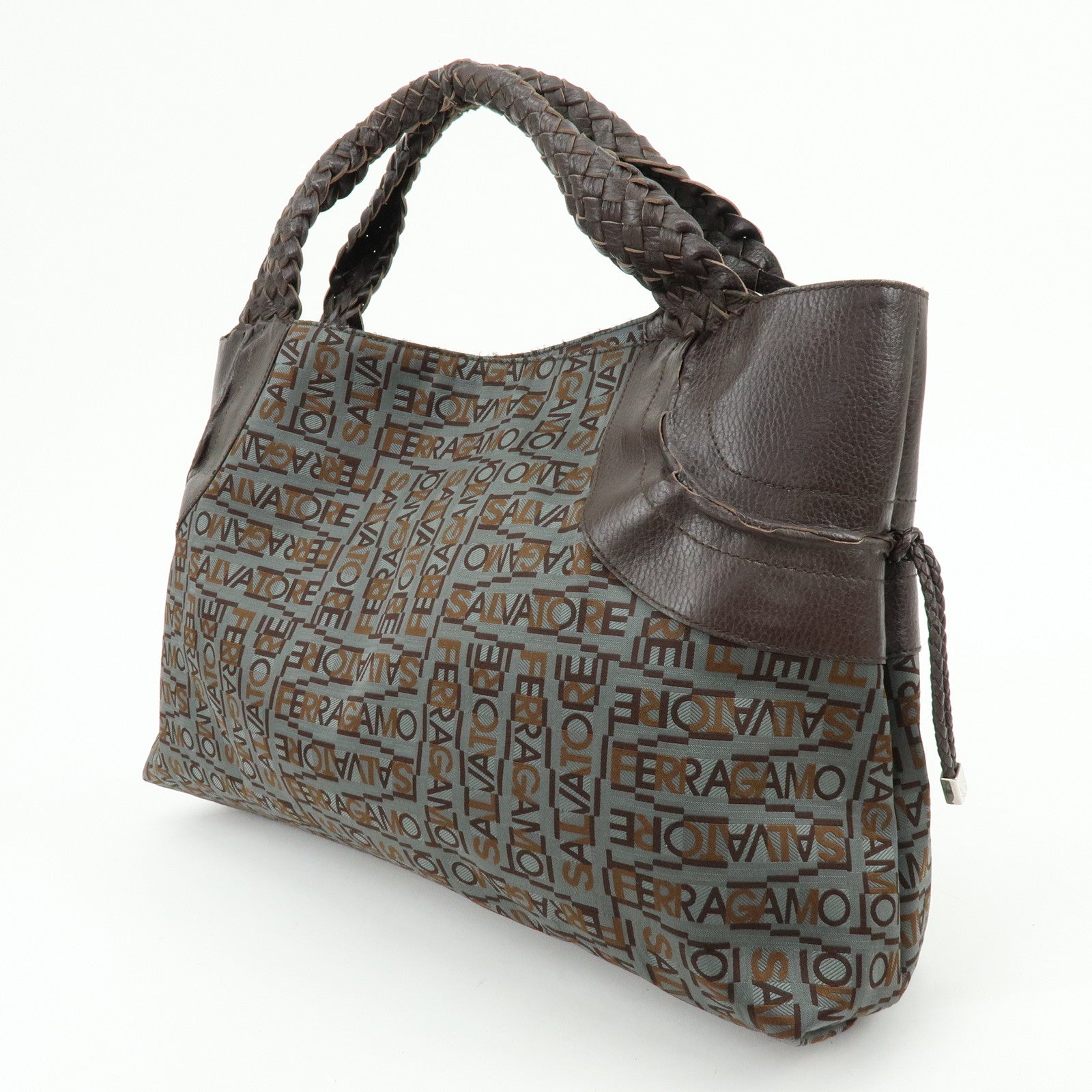 Ferragamo Gancini Canvas Leather Tote Bag Shoulder Bag Brown