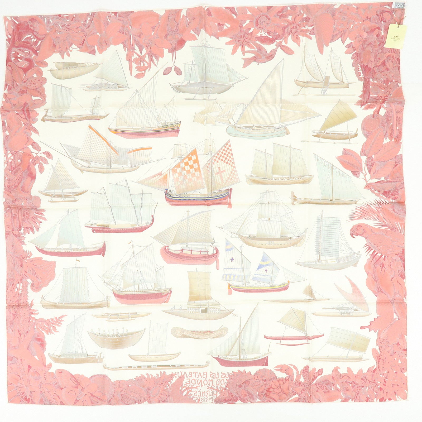 HERMES Carre 90 Silk 100% Scarf Tous Les Bateaux du Monde White Red