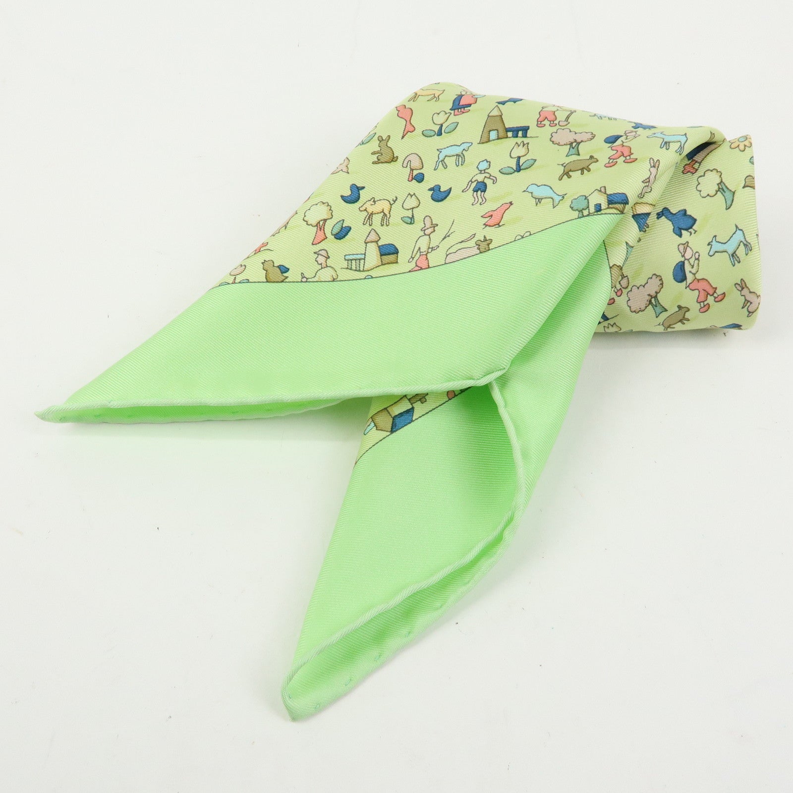 HERMES Petit Carre 40 Silk 100% Mini Scarf Farm Motif Green Yellow
