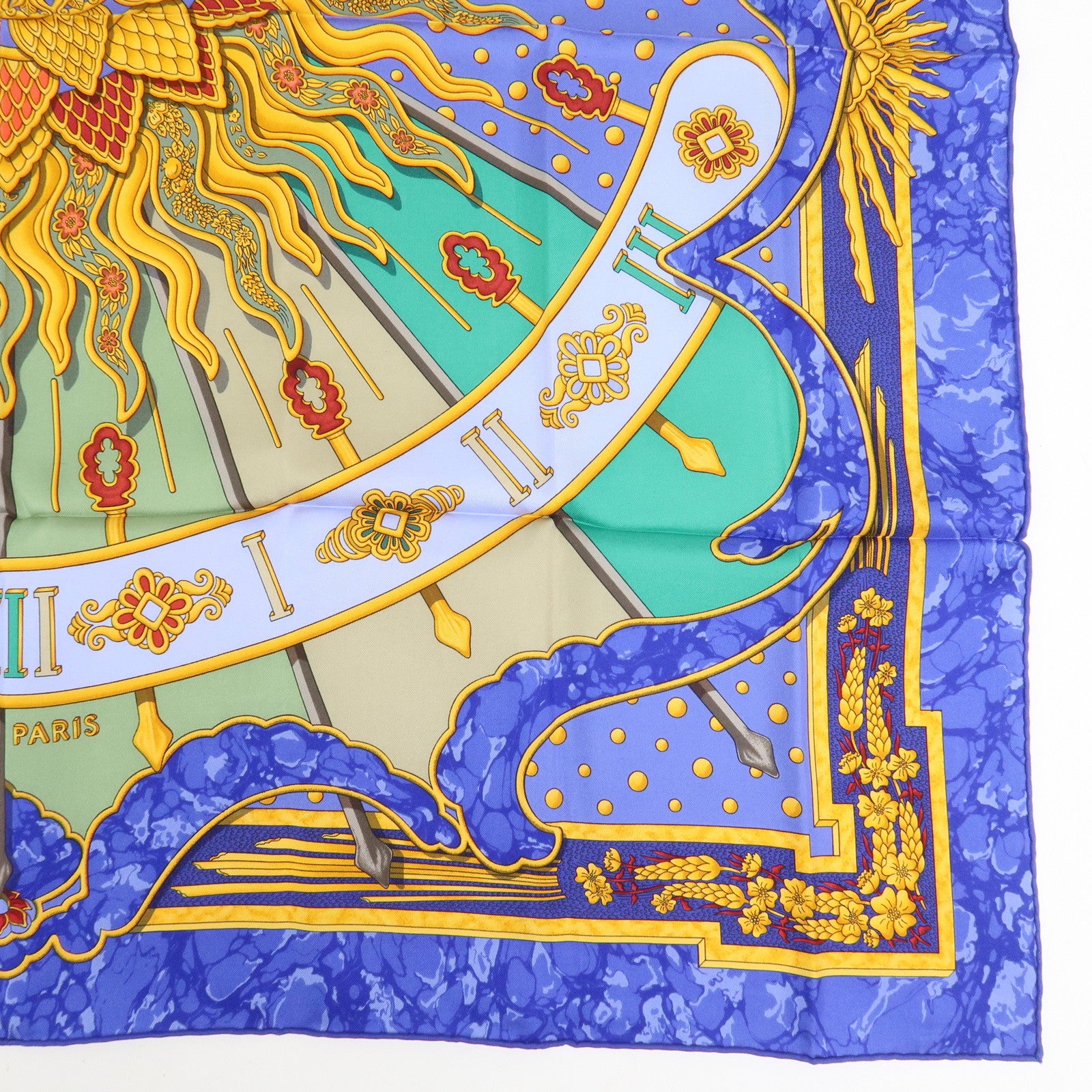 HERMES Carre 90 Silk 100% Scarf CARPE DIEM Blue Yellow Multicolor
