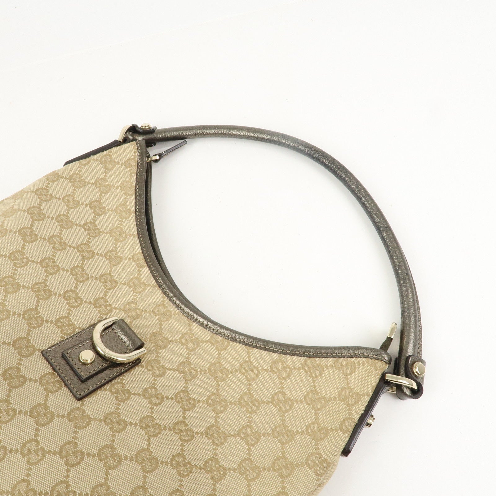GUCCI Abbey Canvas Leather Shoulder Bag Beige Silver Gray 130737
