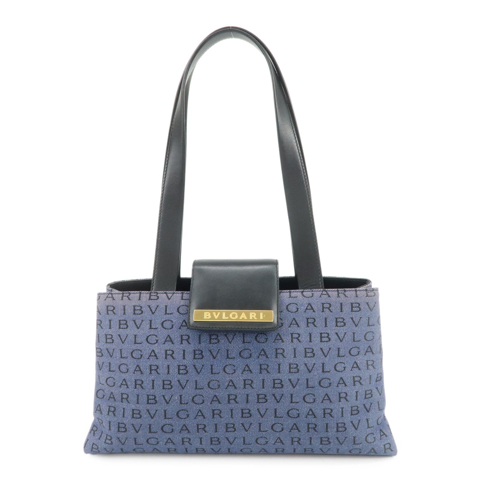 BVLGARI Logo Mania Denim Leather Shoulder Bag Hand Bag Blue Black