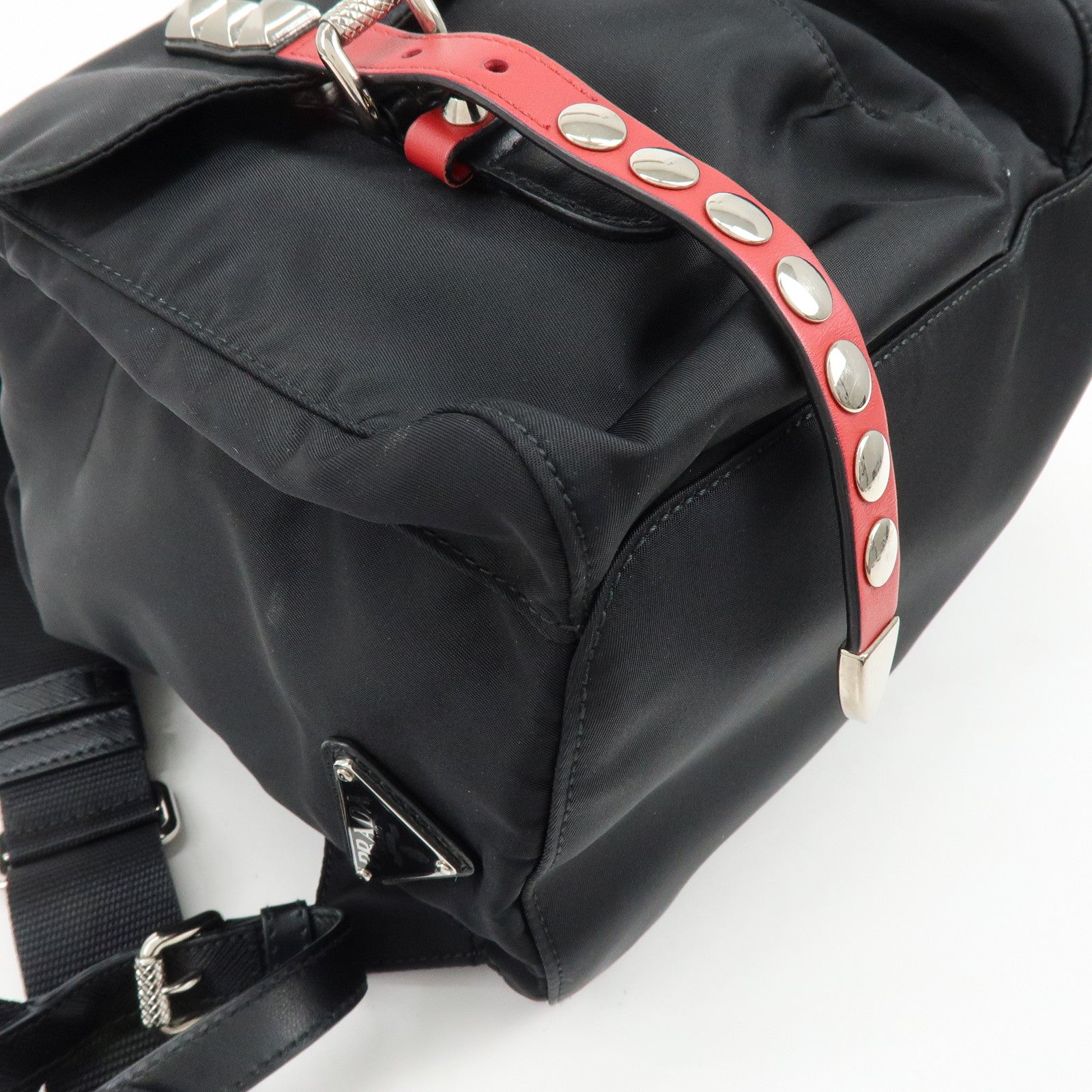 PRADA Triangle Logo Nylon Leather Backpack Studs Black Red1BZ811