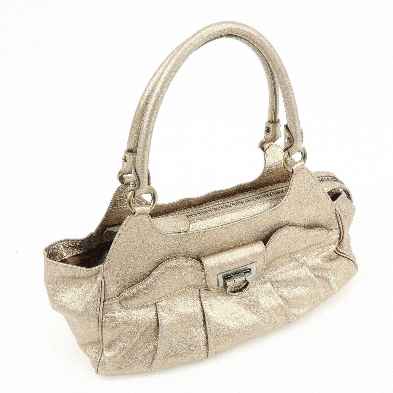 Ferragamo Gancini Leather Shoulder Bag Hand Bag Champagne Gold