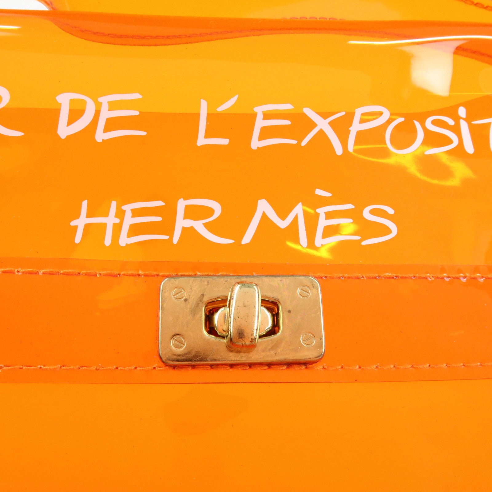 HERMES Kelly Vinyl Hand Bag Clear Transparent Orange