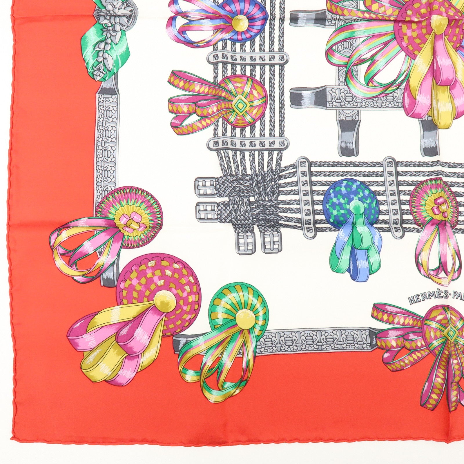 HERMES Carre 90 Silk 100% LES RUBANS DU CHEVAL Scarf White Red