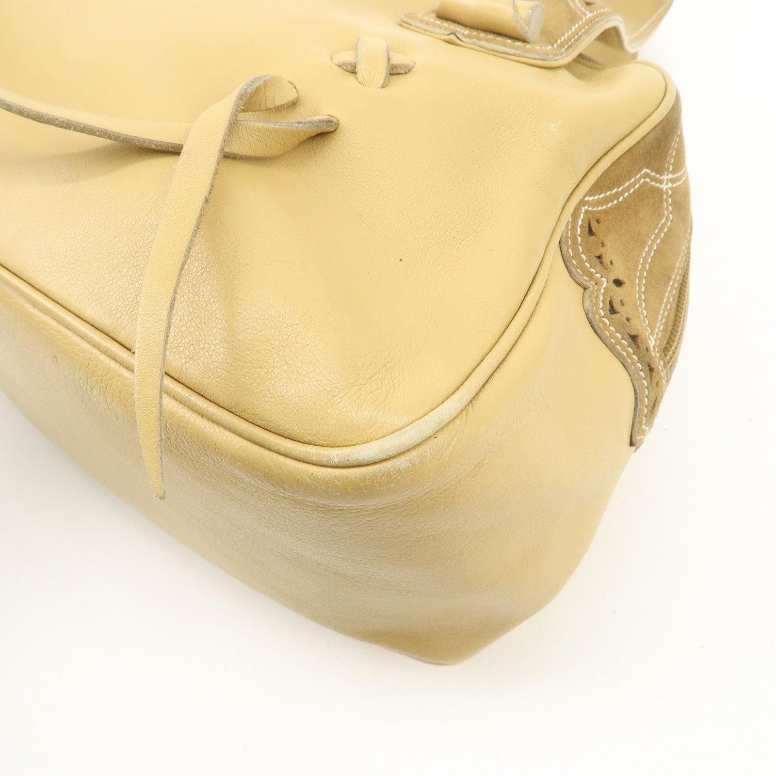 LOEWE Anagram Leather Suede Punching Boston Bag Beige Used