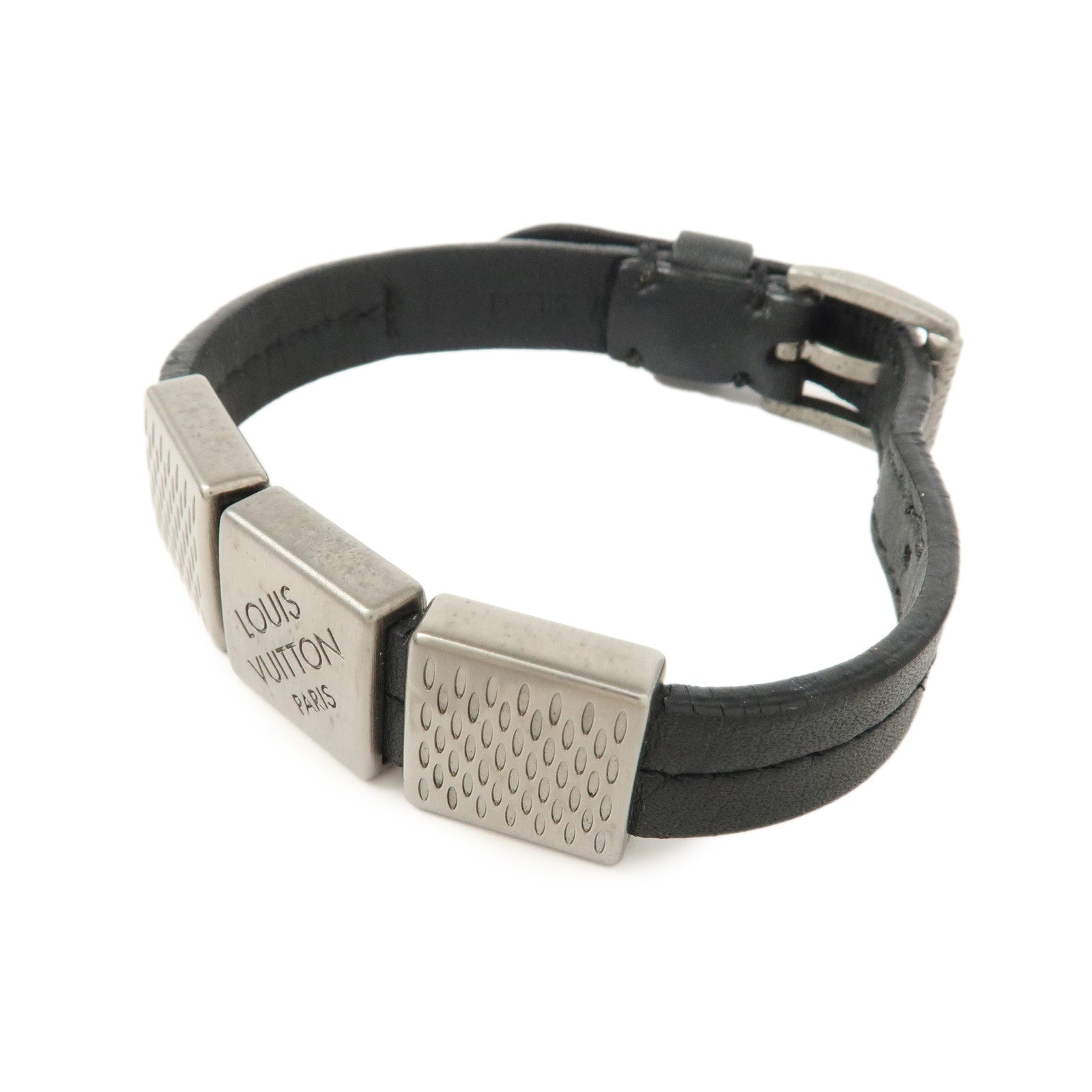 Louis Vuitton Leather Bracelet Black Silver M6205